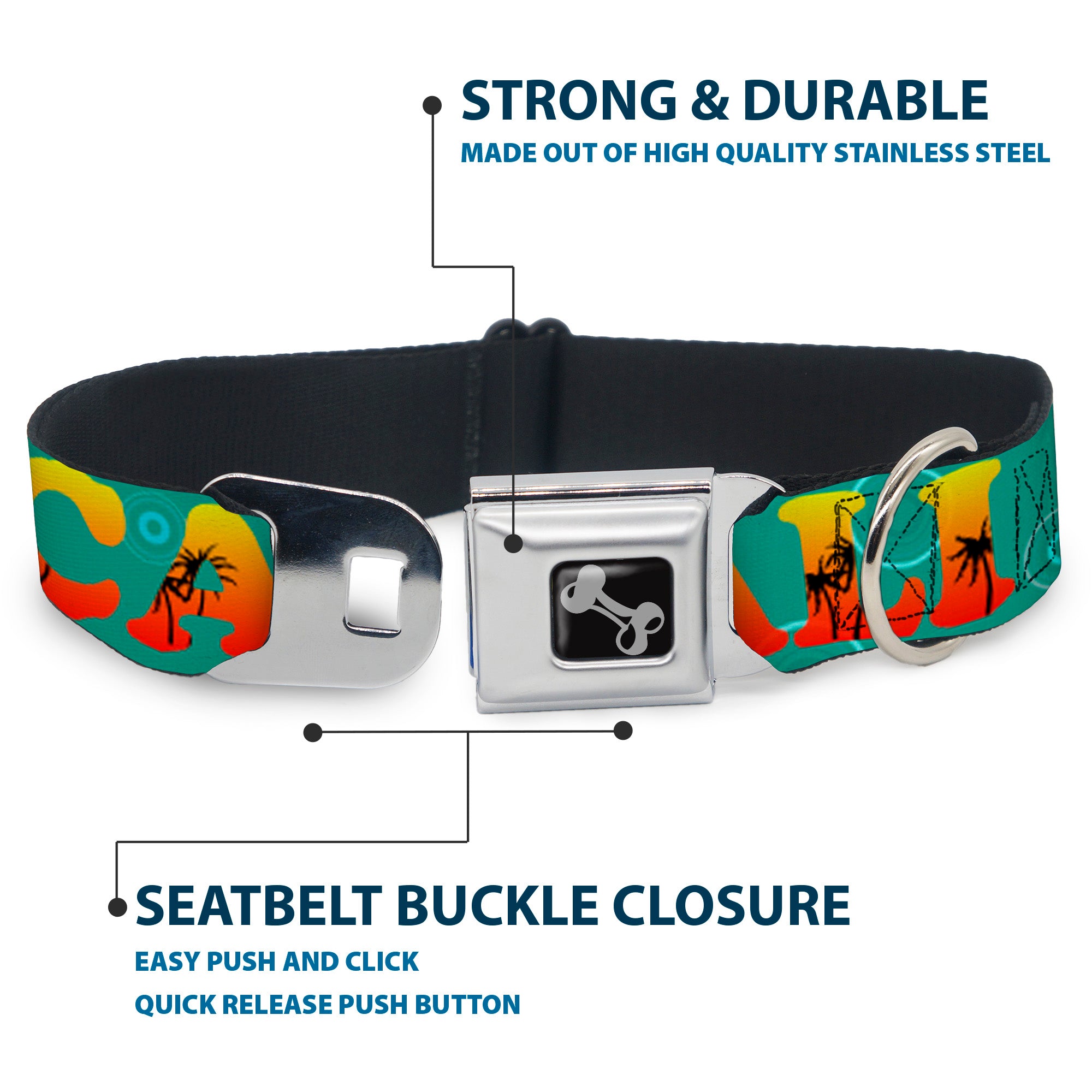 Dog Bone Seatbelt Buckle Collar - CALI Tropical Aqua/Multi Color Seatbelt Buckle Collars Buckle-Down