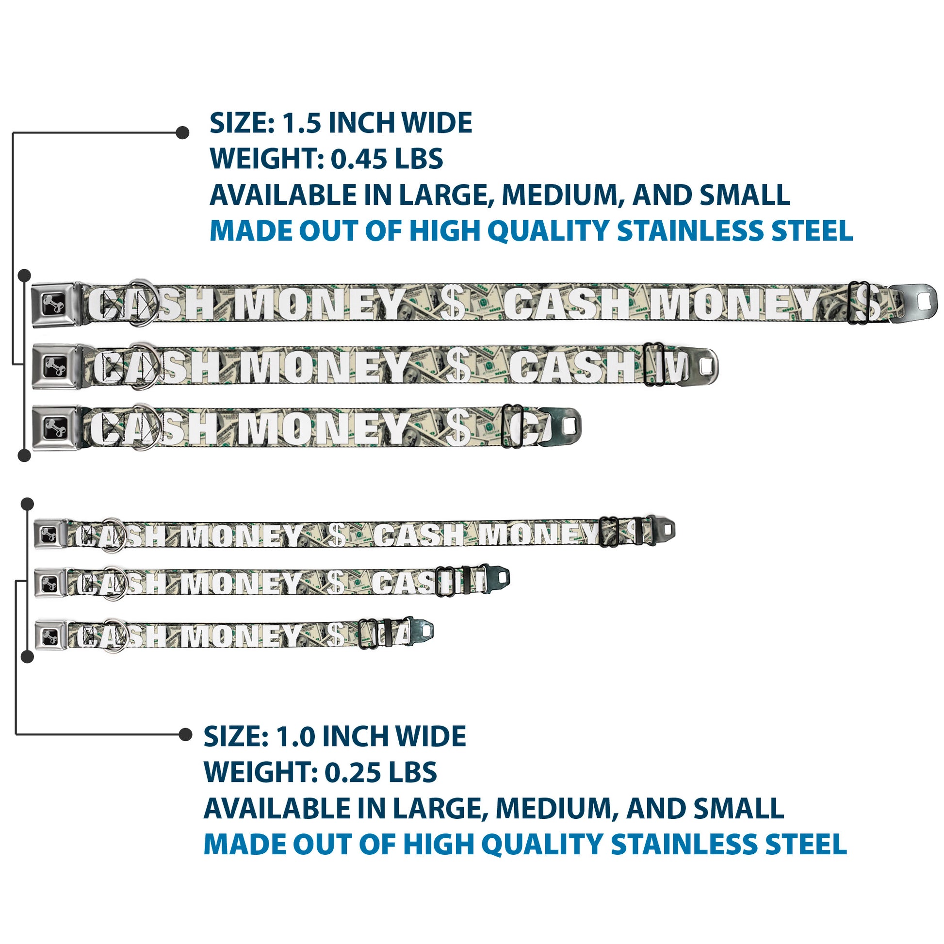 Dog Bone Seatbelt Buckle Collar - CASH MONEY $ Dollars/White Seatbelt Buckle Collars Buckle-Down