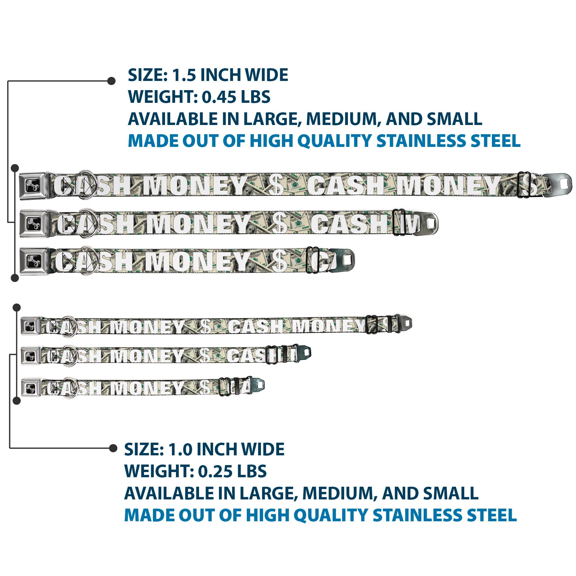 Dog Bone Seatbelt Buckle Collar - CASH MONEY $ Dollars/White Seatbelt Buckle Collars Buckle-Down