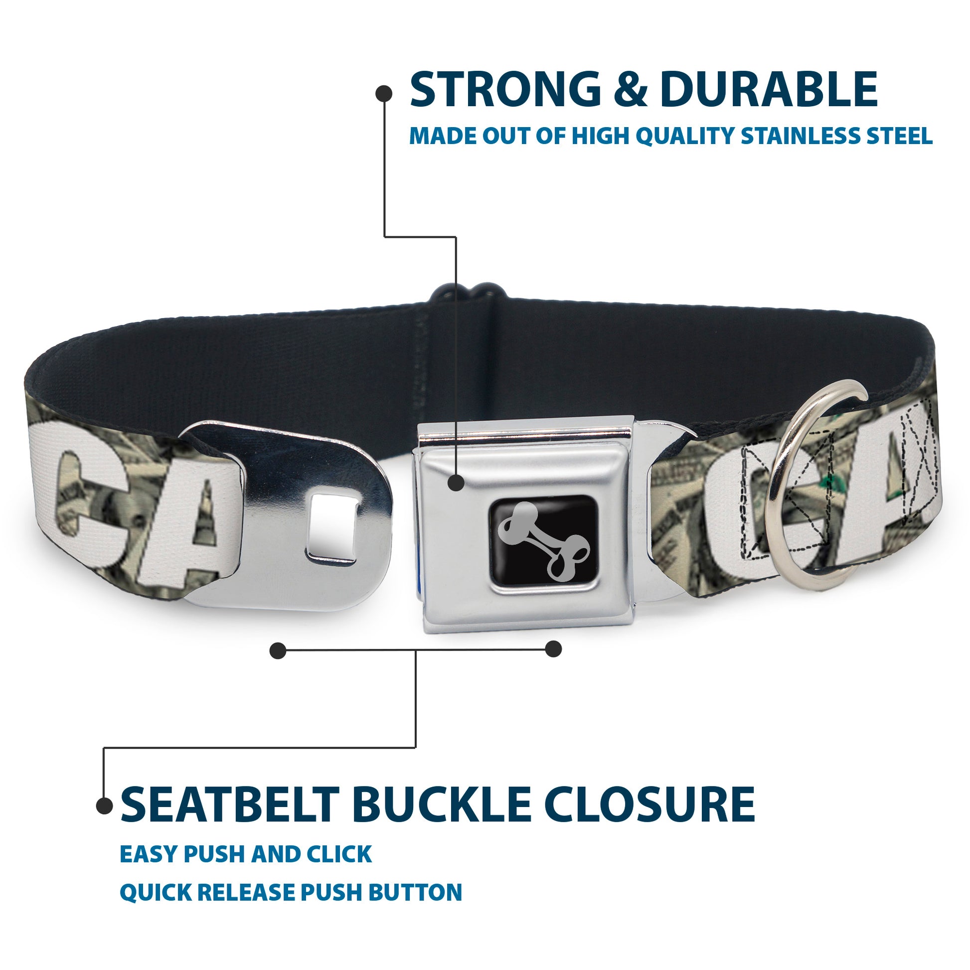 Dog Bone Seatbelt Buckle Collar - CASH MONEY $ Dollars/White Seatbelt Buckle Collars Buckle-Down