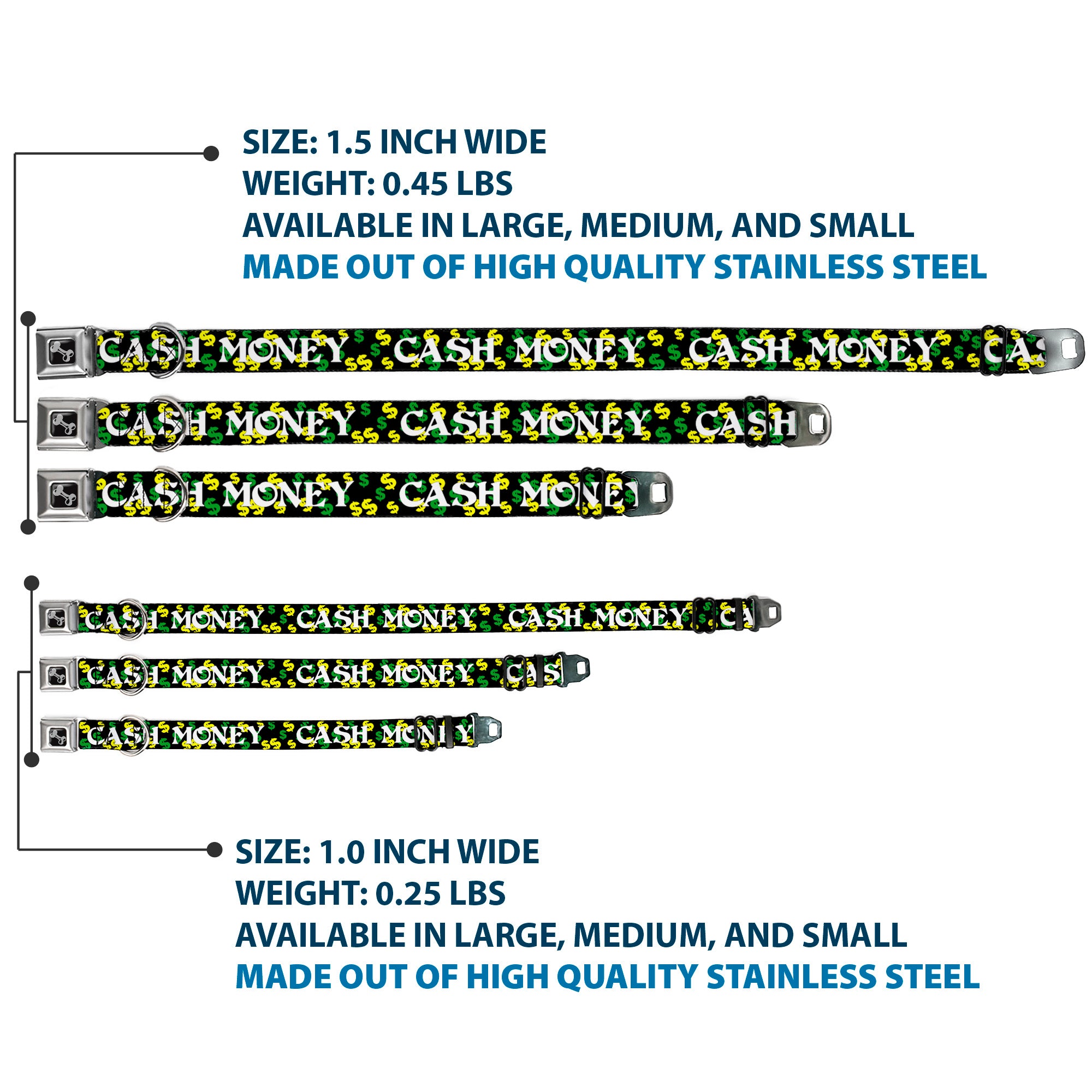 Dog Bone Seatbelt Buckle Collar - CASH MONEY w/$$$ Black/White/Yellow/Green Seatbelt Buckle Collars Buckle-Down