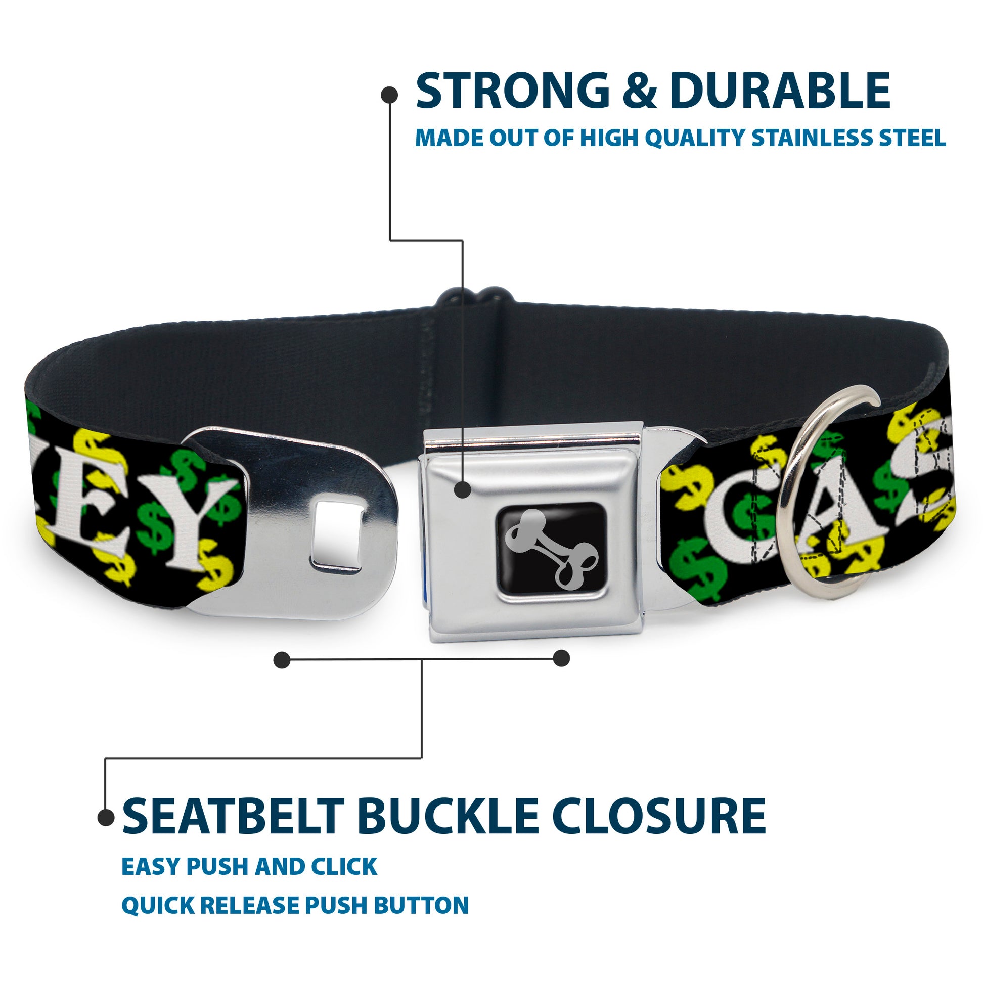 Dog Bone Seatbelt Buckle Collar - CASH MONEY w/$$$ Black/White/Yellow/Green Seatbelt Buckle Collars Buckle-Down