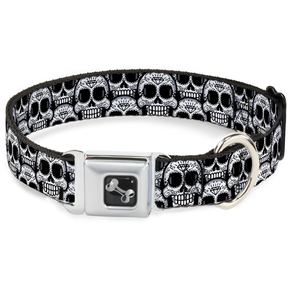 Dog Bone Seatbelt Buckle Collar - Cartoon Sugar Skulls Stacked Black/White Seatbelt Buckle Collars Buckle-Down