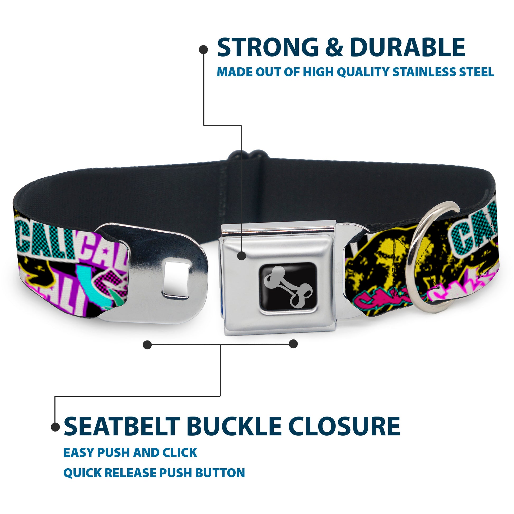 Dog Bone Seatbelt Buckle Collar - Cali Bear/CALI Graffiti/Pot Leaves Black/Multi Color Seatbelt Buckle Collars Buckle-Down