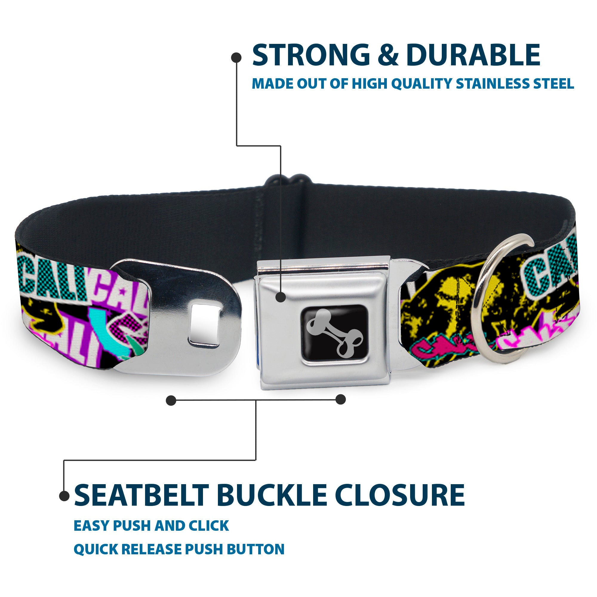Dog Bone Seatbelt Buckle Collar - Cali Bear/CALI Graffiti/Pot Leaves Black/Multi Color Seatbelt Buckle Collars Buckle-Down