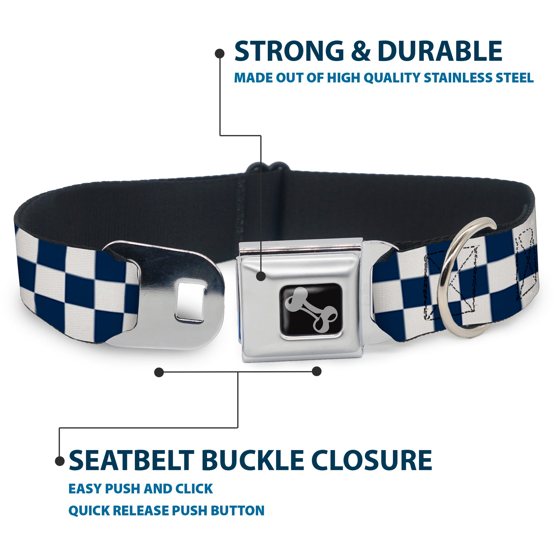 Dog Bone Seatbelt Buckle Collar - Checker Sapphire Blue/White Seatbelt Buckle Collars Buckle-Down