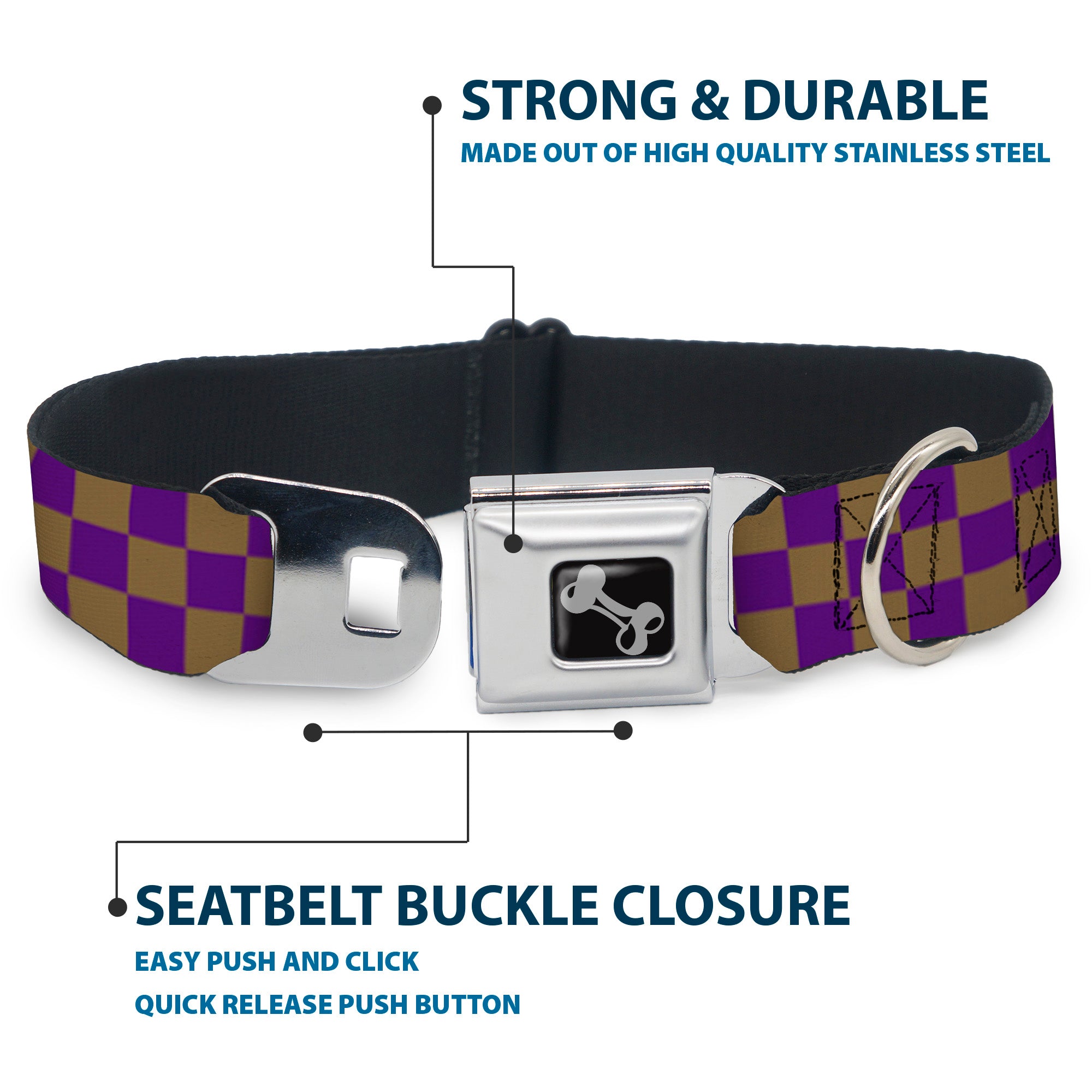 Dog Bone Seatbelt Buckle Collar - Checker Purple/Gold Seatbelt Buckle Collars Buckle-Down