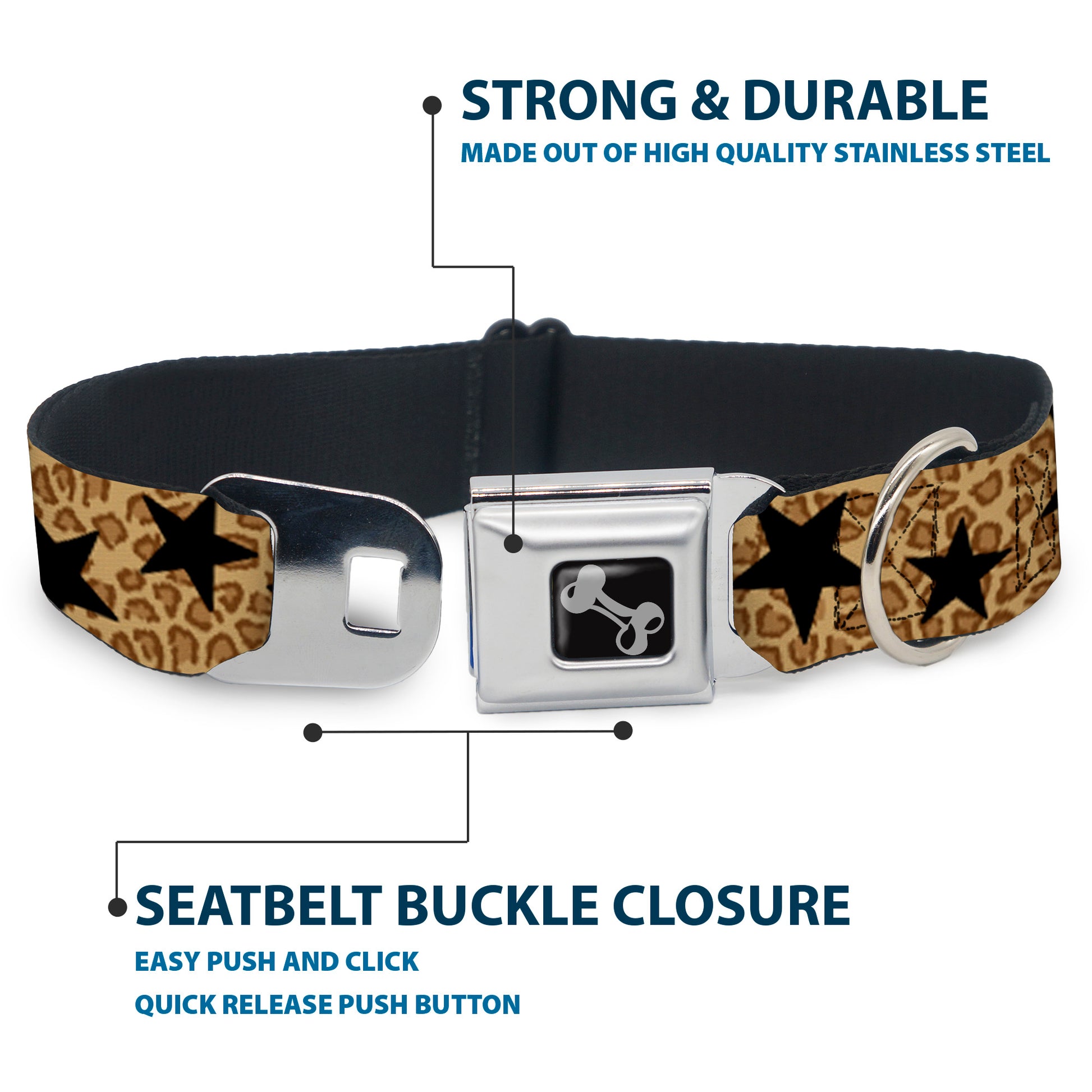 Dog Bone Seatbelt Buckle Collar - Cheetah/Stars Tan/Black Seatbelt Buckle Collars Buckle-Down