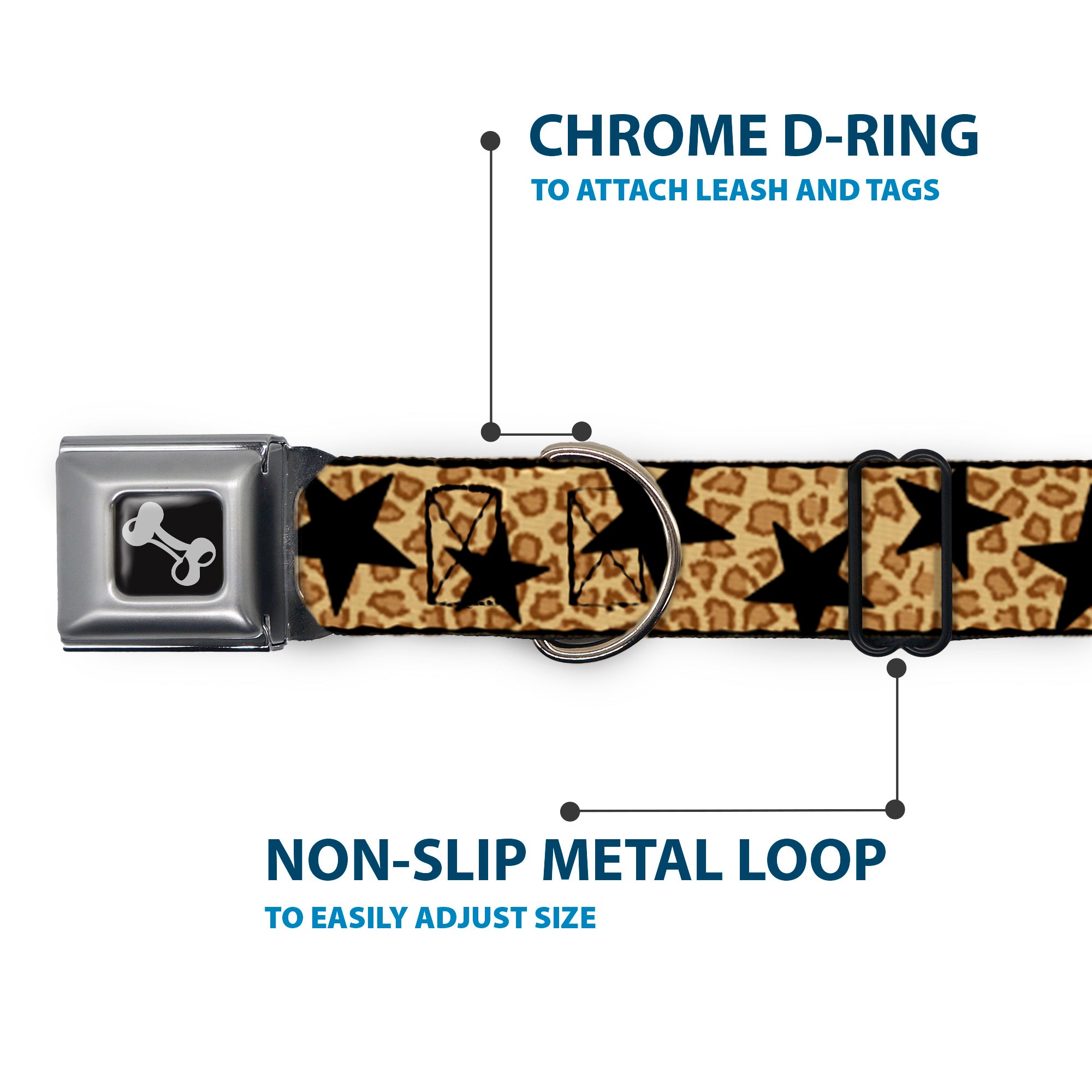 Dog Bone Seatbelt Buckle Collar - Cheetah/Stars Tan/Black Seatbelt Buckle Collars Buckle-Down