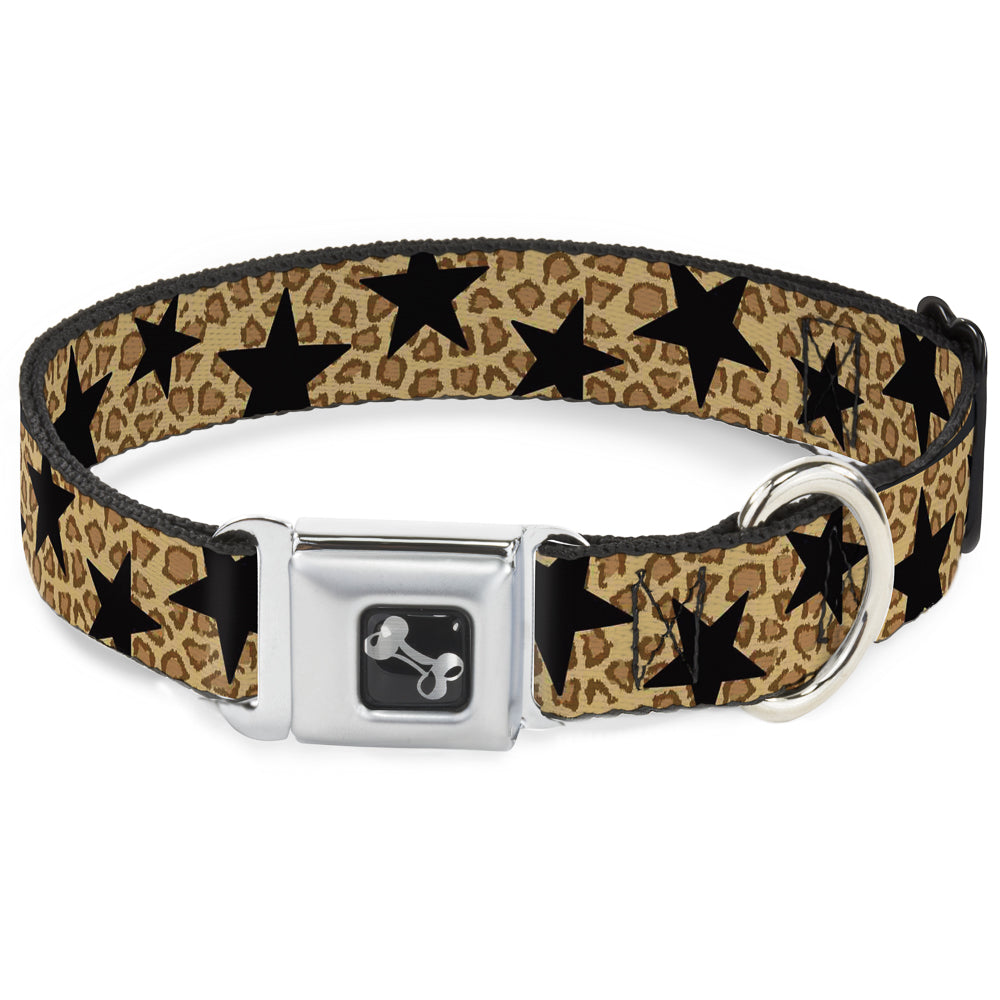 Dog Bone Seatbelt Buckle Collar - Cheetah/Stars Tan/Black Seatbelt Buckle Collars Buckle-Down