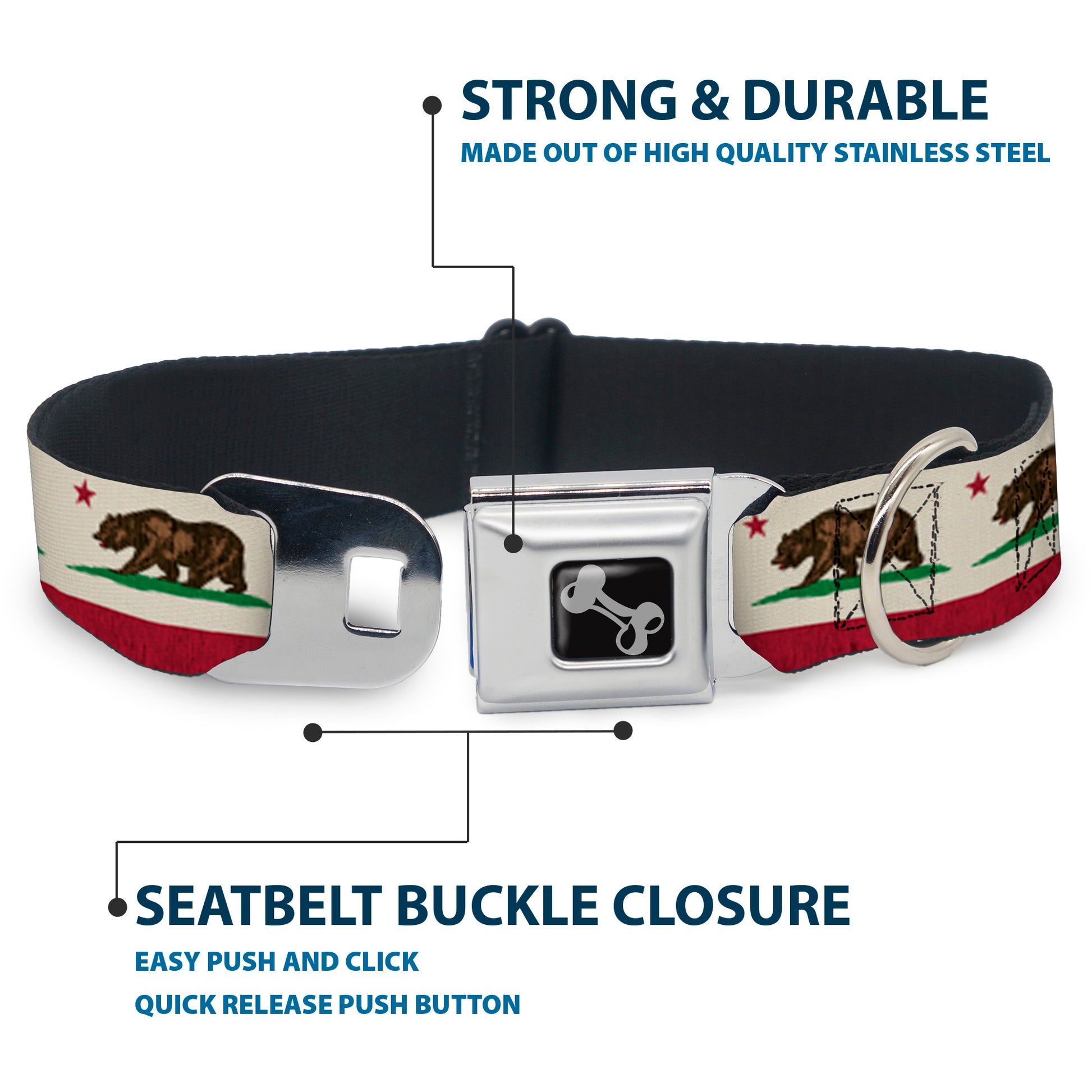 Dog Bone Seatbelt Buckle Collar - California Flag Bear Weathered White Seatbelt Buckle Collars Buckle-Down