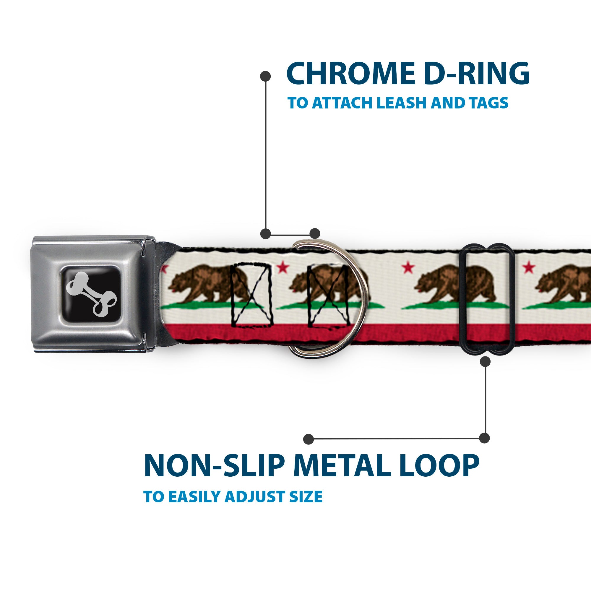 Dog Bone Seatbelt Buckle Collar - California Flag Bear Weathered White Seatbelt Buckle Collars Buckle-Down