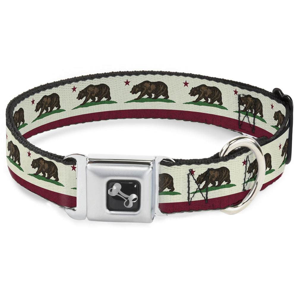 Dog Bone Seatbelt Buckle Collar - California Flag Bear Weathered White Seatbelt Buckle Collars Buckle-Down