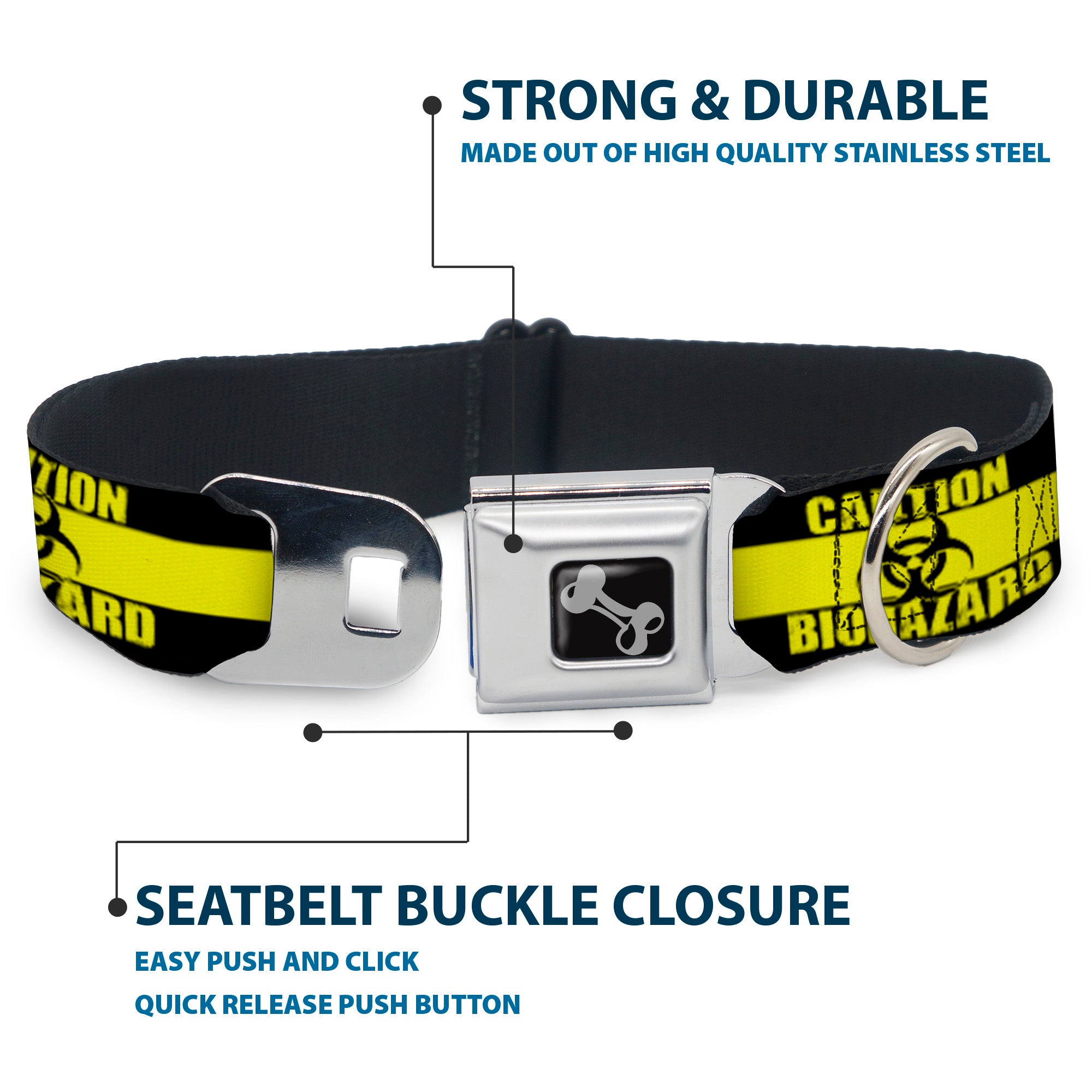 Dog Bone Seatbelt Buckle Collar - CAUTION BIOHAZARD Black/Yellow Seatbelt Buckle Collars Buckle-Down