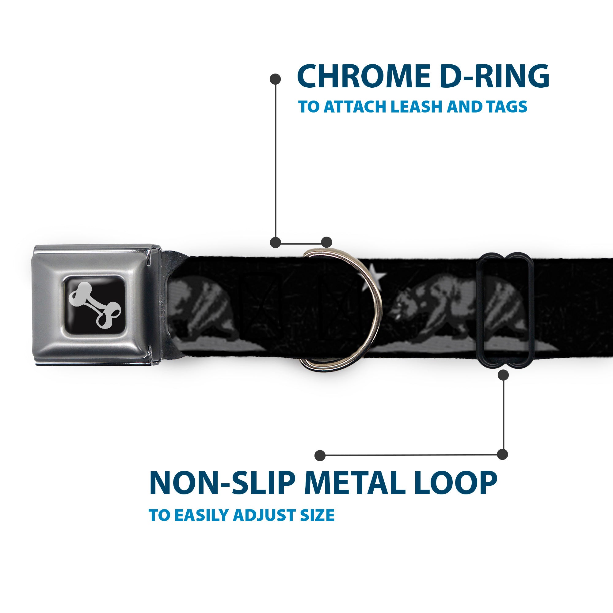 Dog Bone Seatbelt Buckle Collar - Cali Bear Black/Grays Seatbelt Buckle Collars Buckle-Down