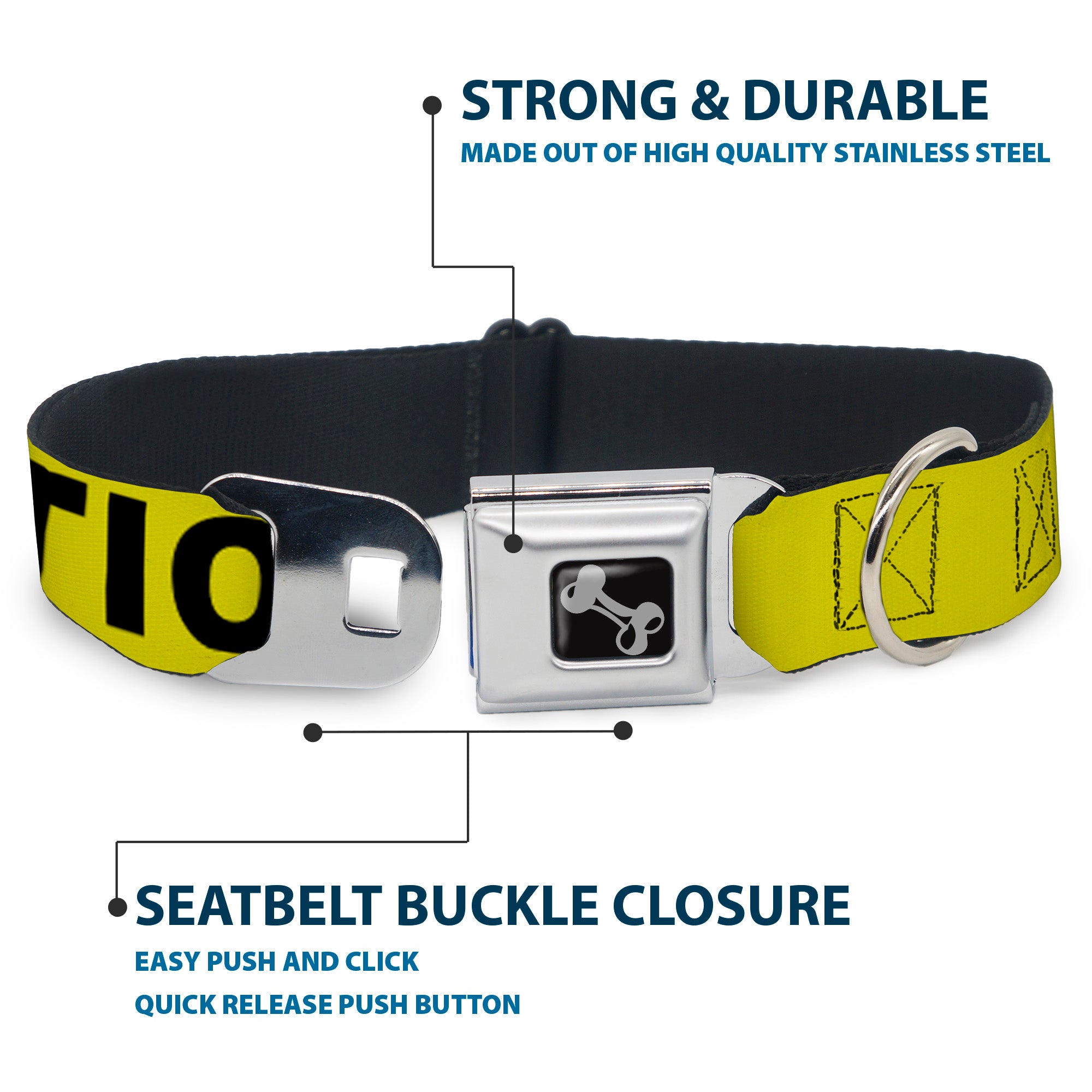 Dog Bone Seatbelt Buckle Collar - CAUTION Yellow/Black Seatbelt Buckle Collars Buckle-Down