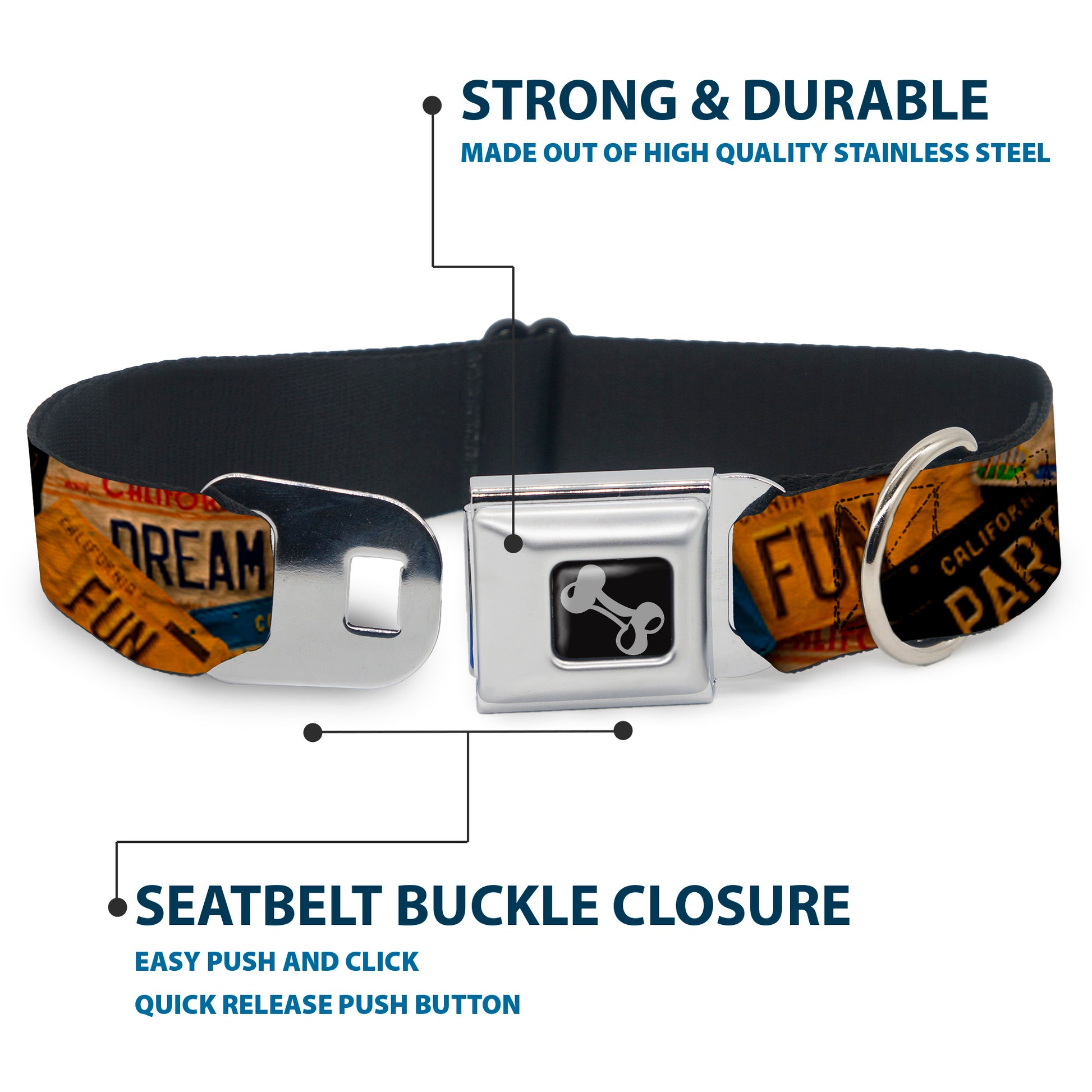 Dog Bone Seatbelt Buckle Collar - Cali License Plates Stacked Vintage Seatbelt Buckle Collars Buckle-Down
