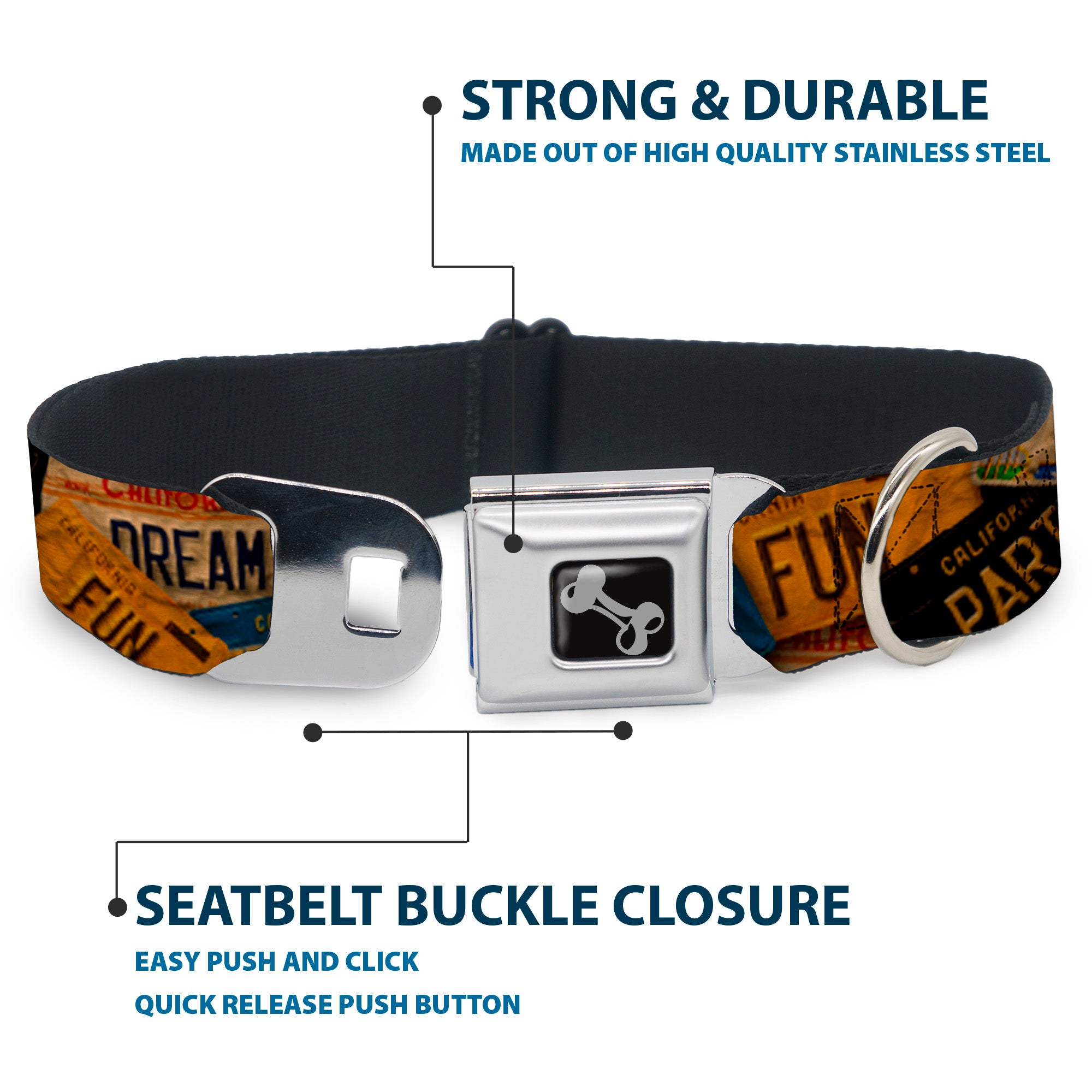 Dog Bone Seatbelt Buckle Collar - Cali License Plates Stacked Vintage Seatbelt Buckle Collars Buckle-Down