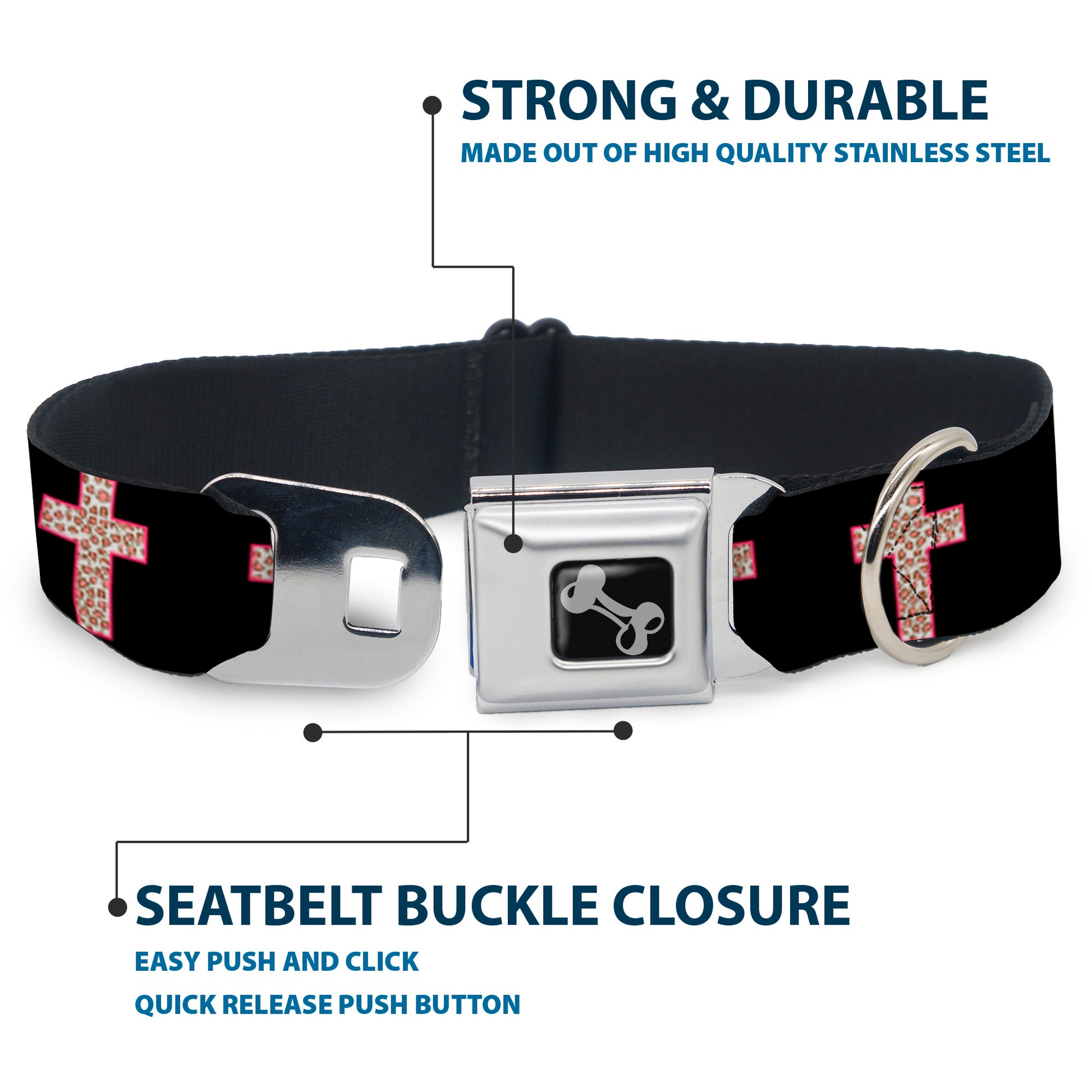 Dog Bone Seatbelt Buckle Collar - Cross Repeat Black/Leopard Brown/Pink Outline Seatbelt Buckle Collars Buckle-Down