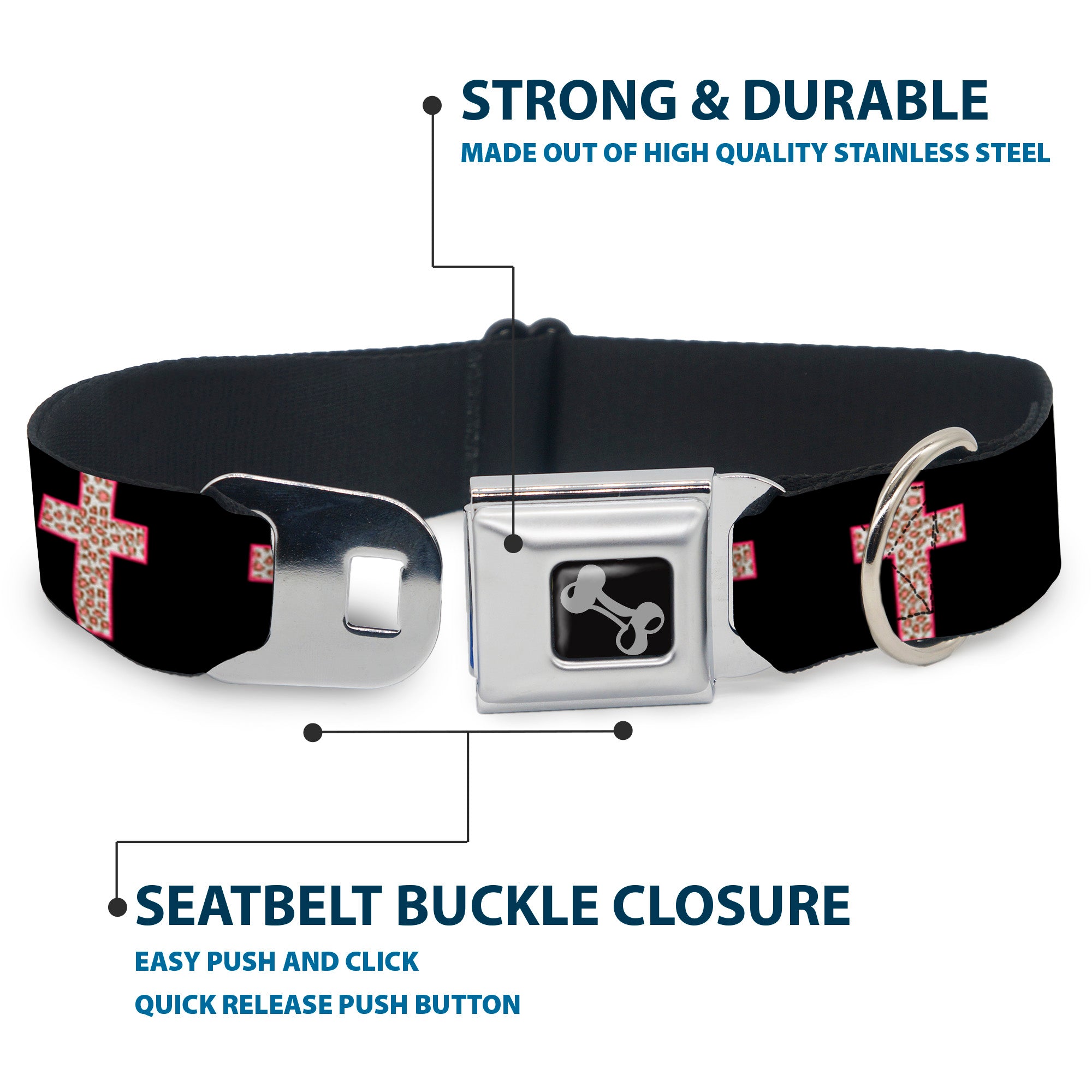 Dog Bone Seatbelt Buckle Collar - Cross Repeat Black/Leopard Brown/Pink Outline Seatbelt Buckle Collars Buckle-Down