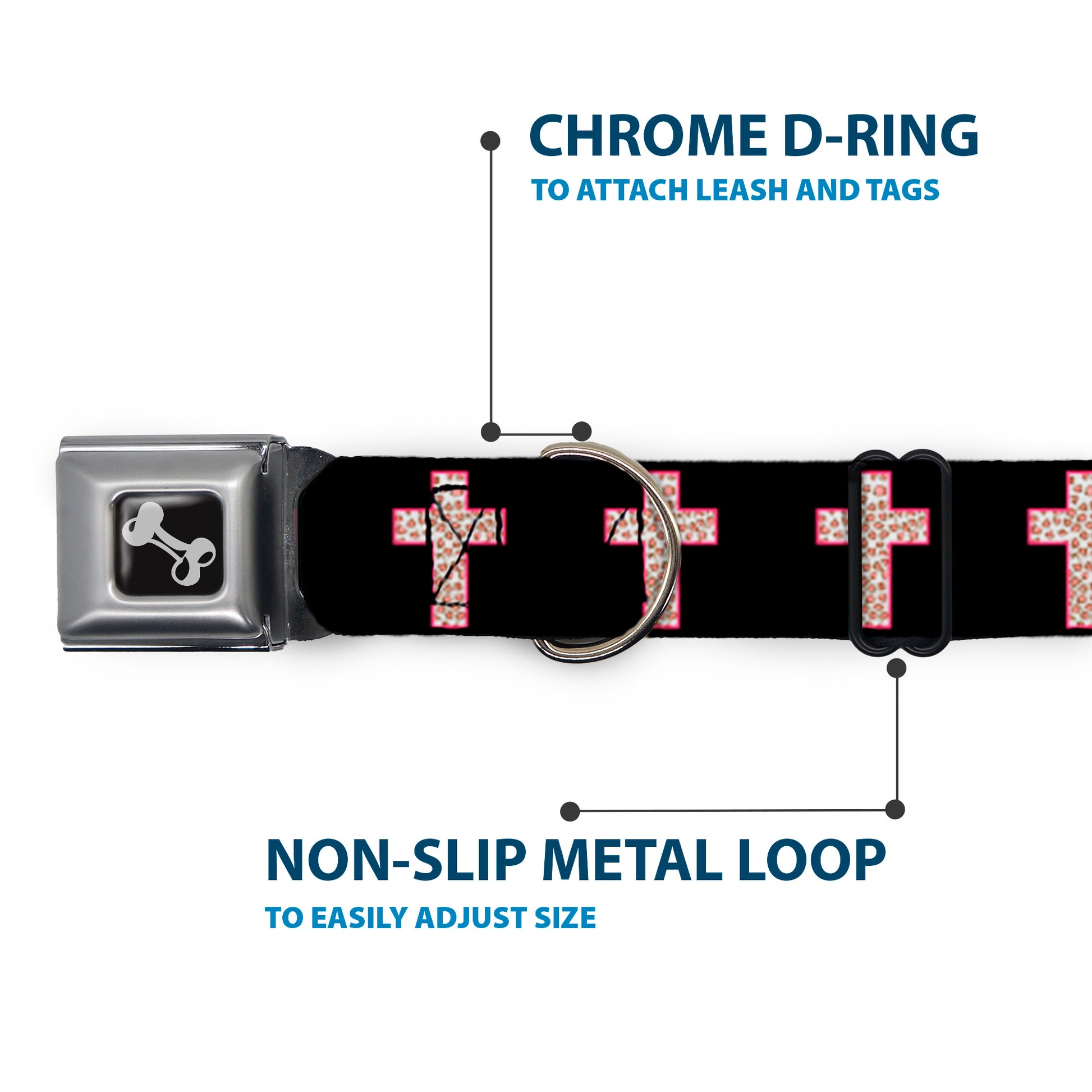 Dog Bone Seatbelt Buckle Collar - Cross Repeat Black/Leopard Brown/Pink Outline Seatbelt Buckle Collars Buckle-Down