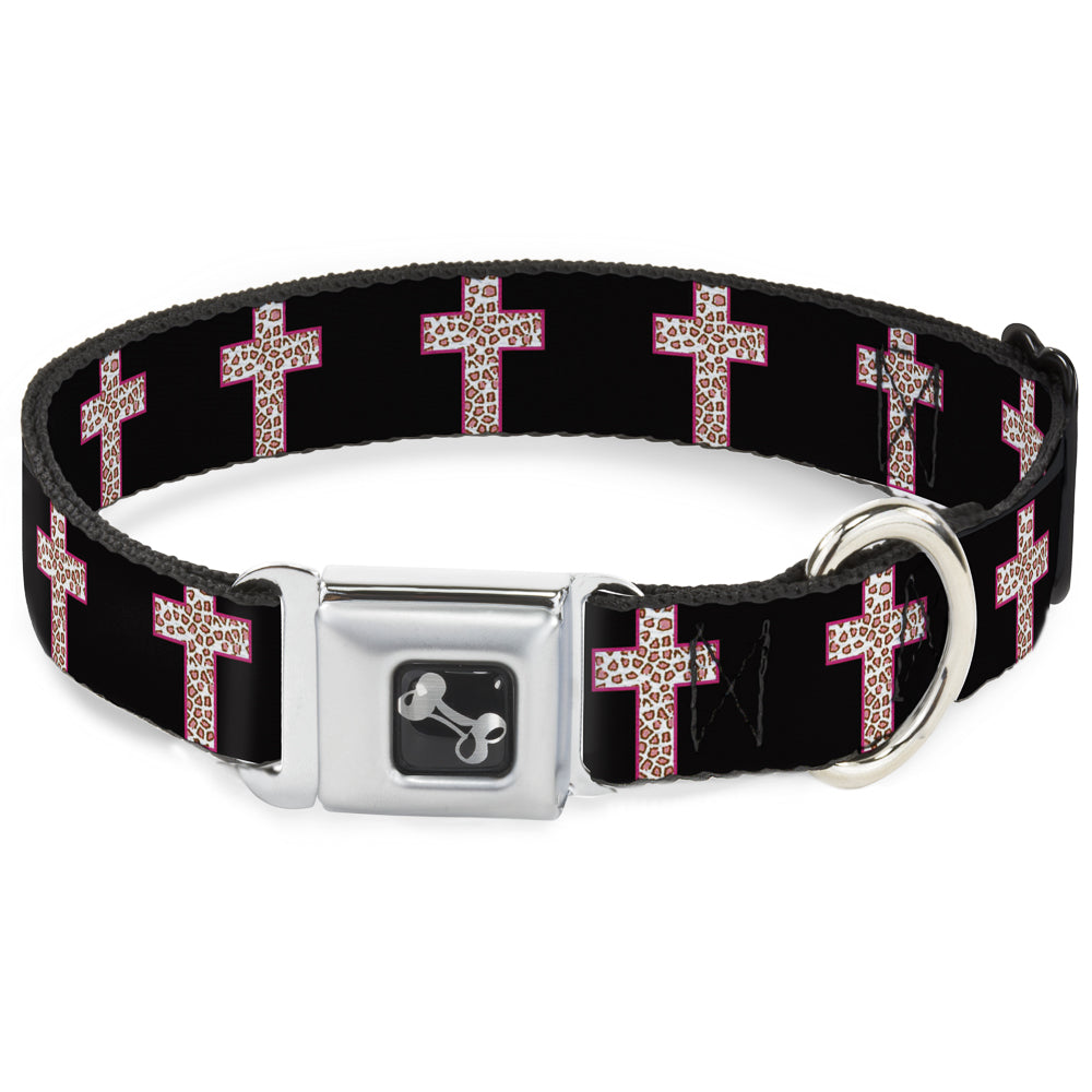 Dog Bone Seatbelt Buckle Collar - Cross Repeat Black/Leopard Brown/Pink Outline Seatbelt Buckle Collars Buckle-Down