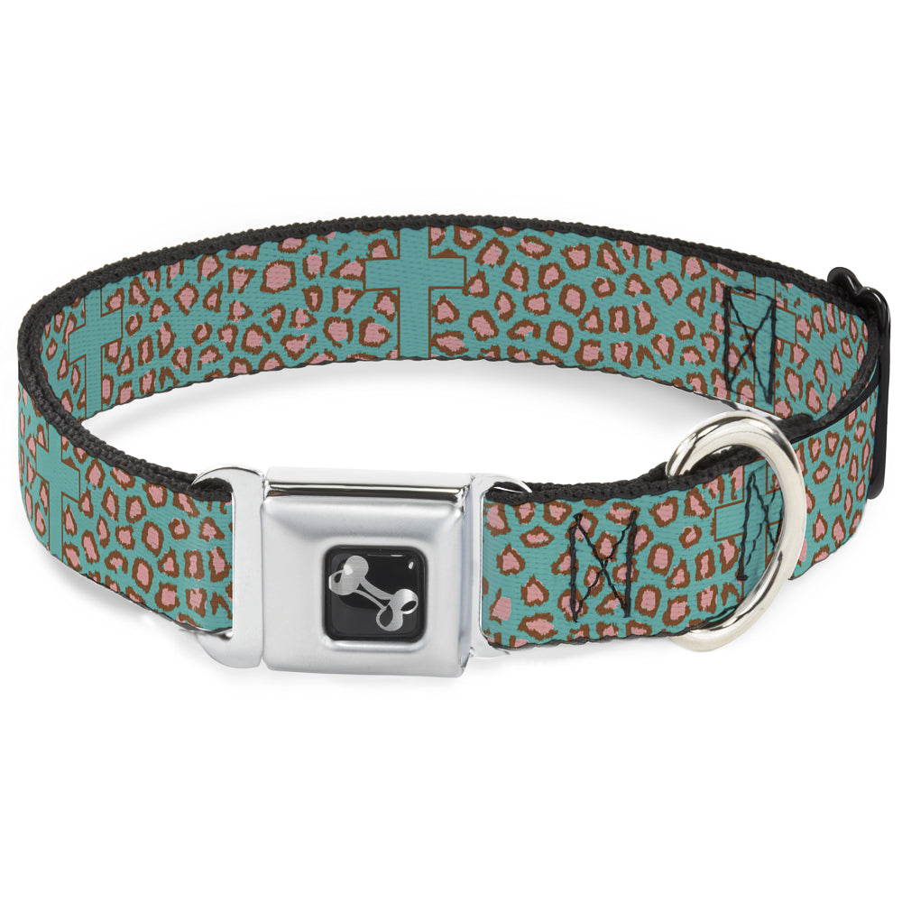 Dog Bone Seatbelt Buckle Collar - Cross Repeat Leopard Turquoise/Pink Seatbelt Buckle Collars Buckle-Down