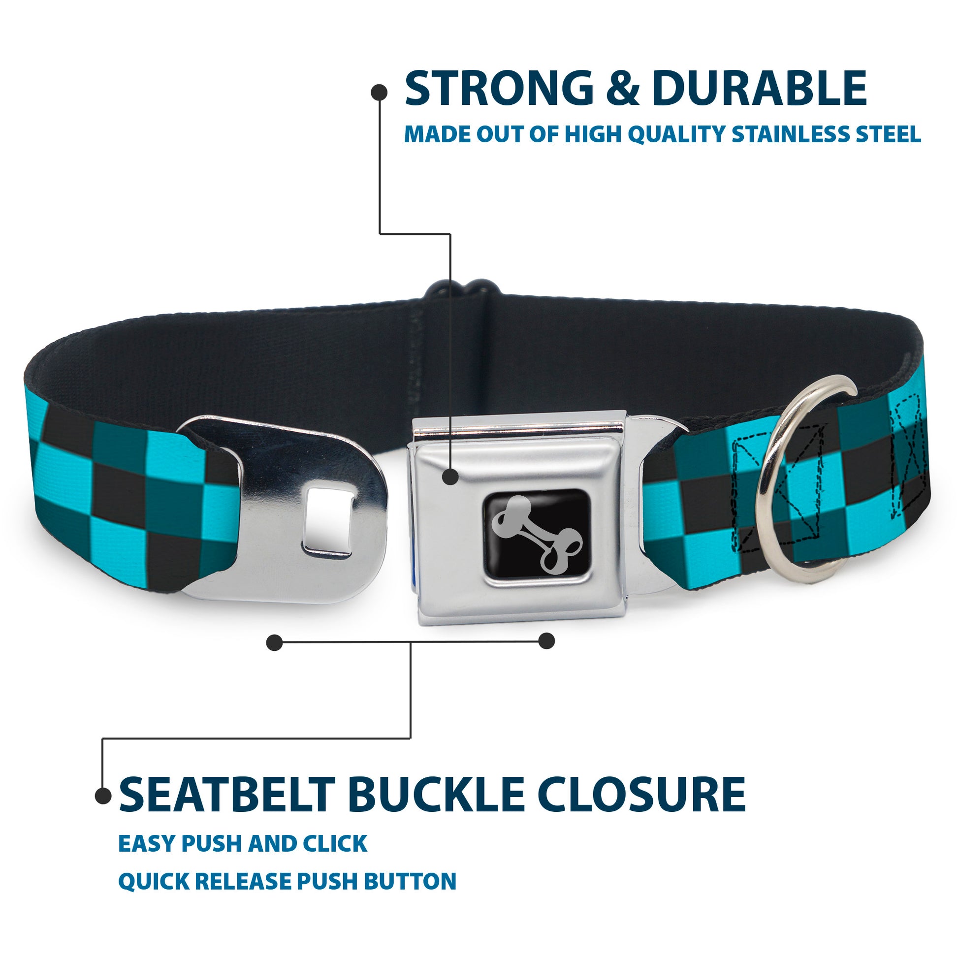 Dog Bone Seatbelt Buckle Collar - Checker Trio Baby Blue/Black/Turquoise Seatbelt Buckle Collars Buckle-Down