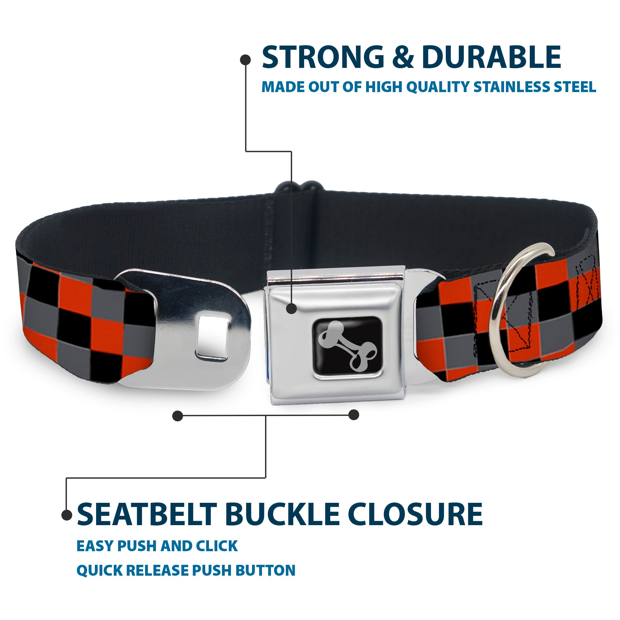 Dog Bone Seatbelt Buckle Collar - Checker Trio Gray/Black/Red Seatbelt Buckle Collars Buckle-Down