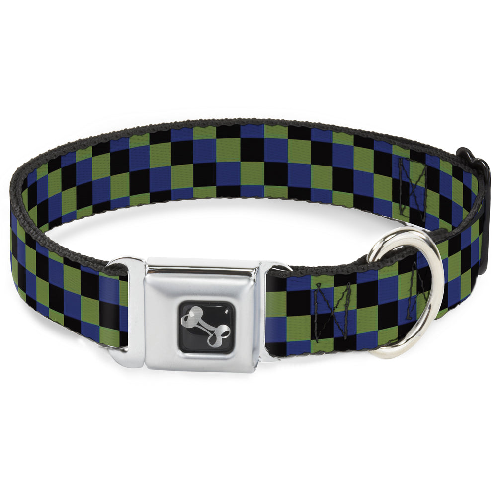 Dog Bone Seatbelt Buckle Collar - Checker Trio Green/Black/Blue Seatbelt Buckle Collars Buckle-Down