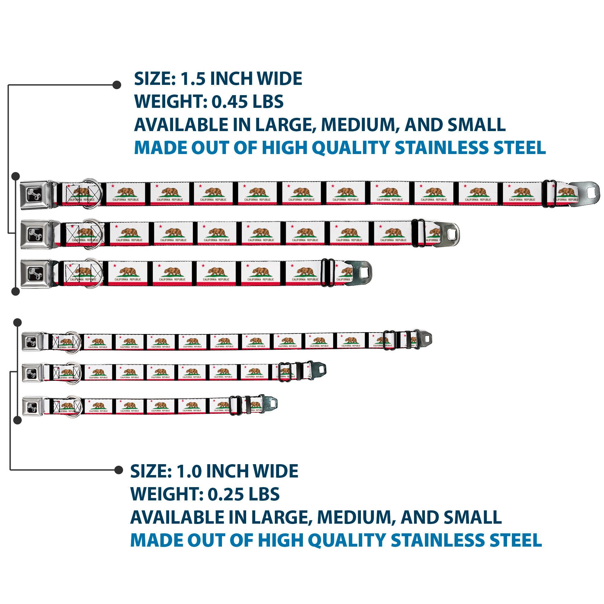 Dog Bone Seatbelt Buckle Collar - California Flag Repeat/Black Seatbelt Buckle Collars Buckle-Down