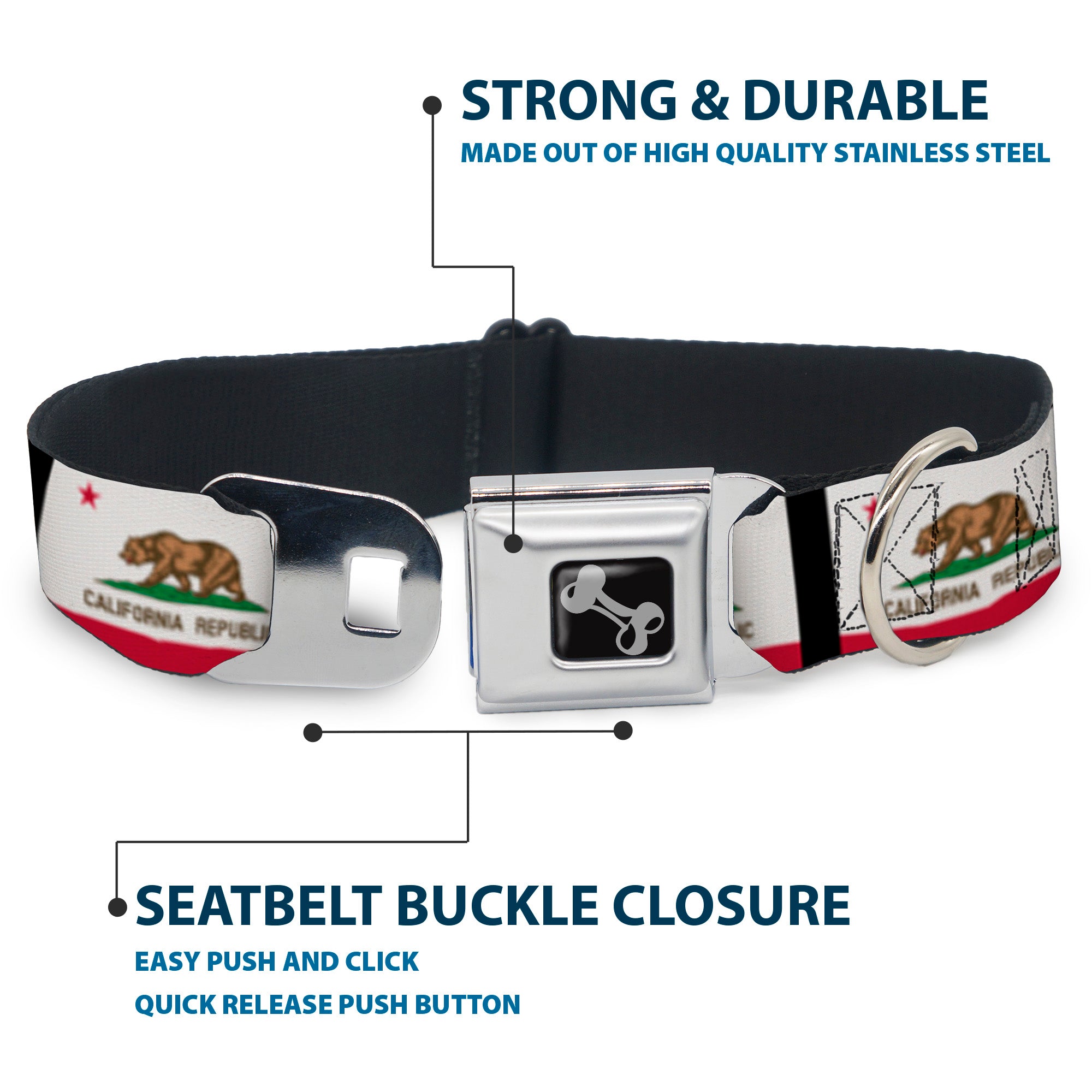 Dog Bone Seatbelt Buckle Collar - California Flag Repeat/Black Seatbelt Buckle Collars Buckle-Down
