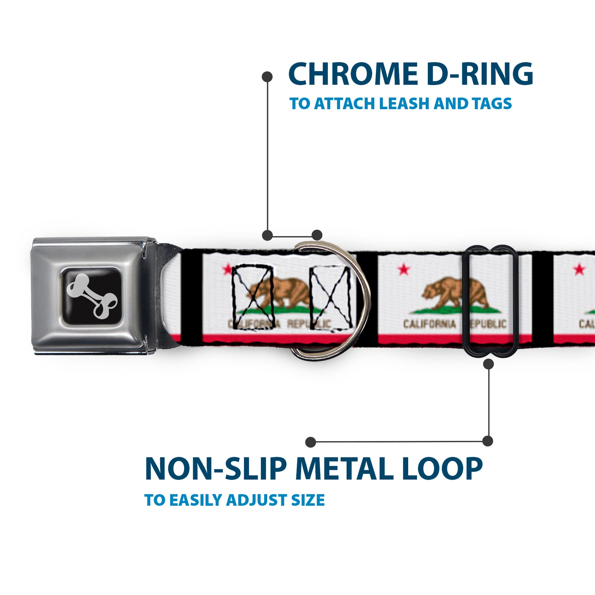 Dog Bone Seatbelt Buckle Collar - California Flag Repeat/Black Seatbelt Buckle Collars Buckle-Down