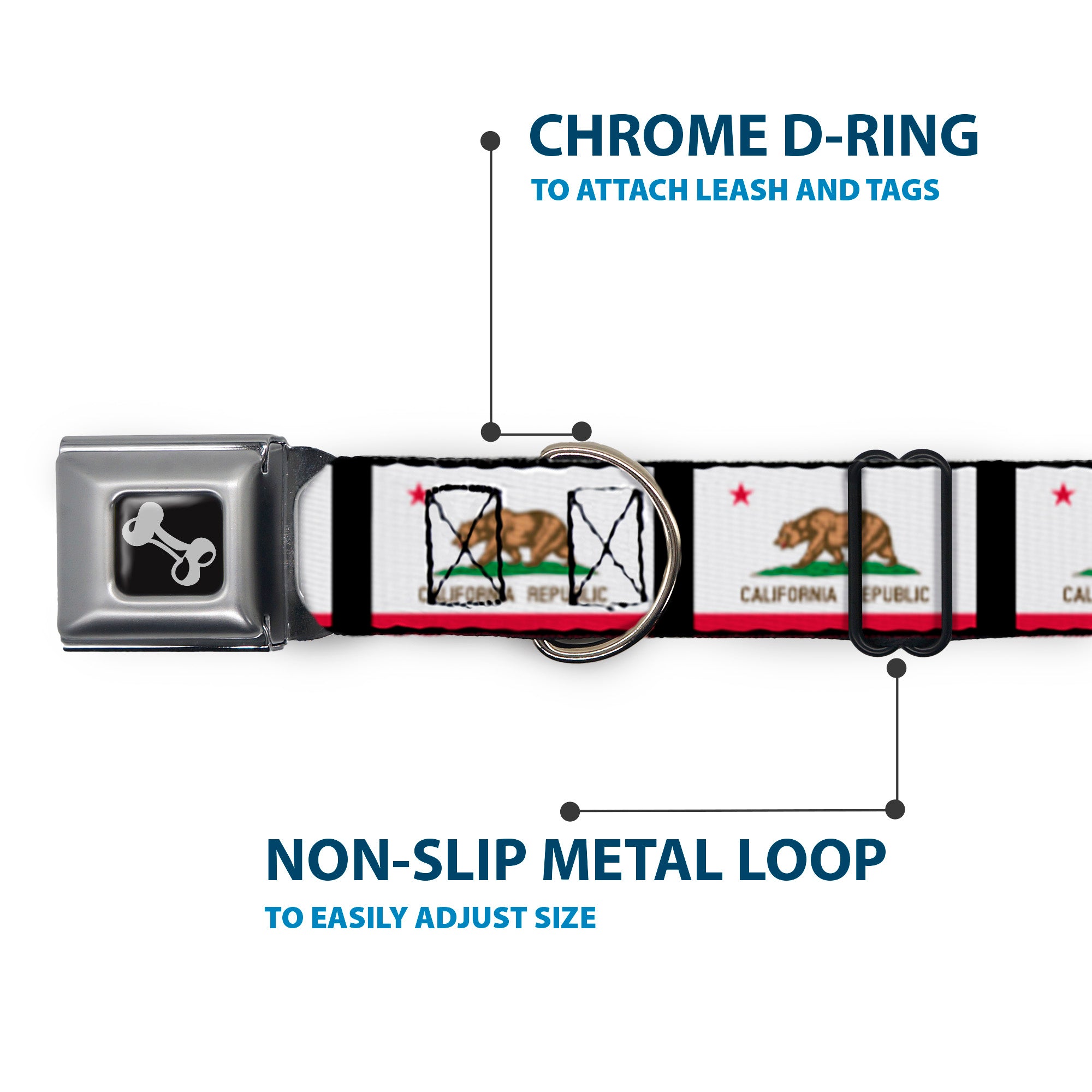 Dog Bone Seatbelt Buckle Collar - California Flag Repeat/Black Seatbelt Buckle Collars Buckle-Down