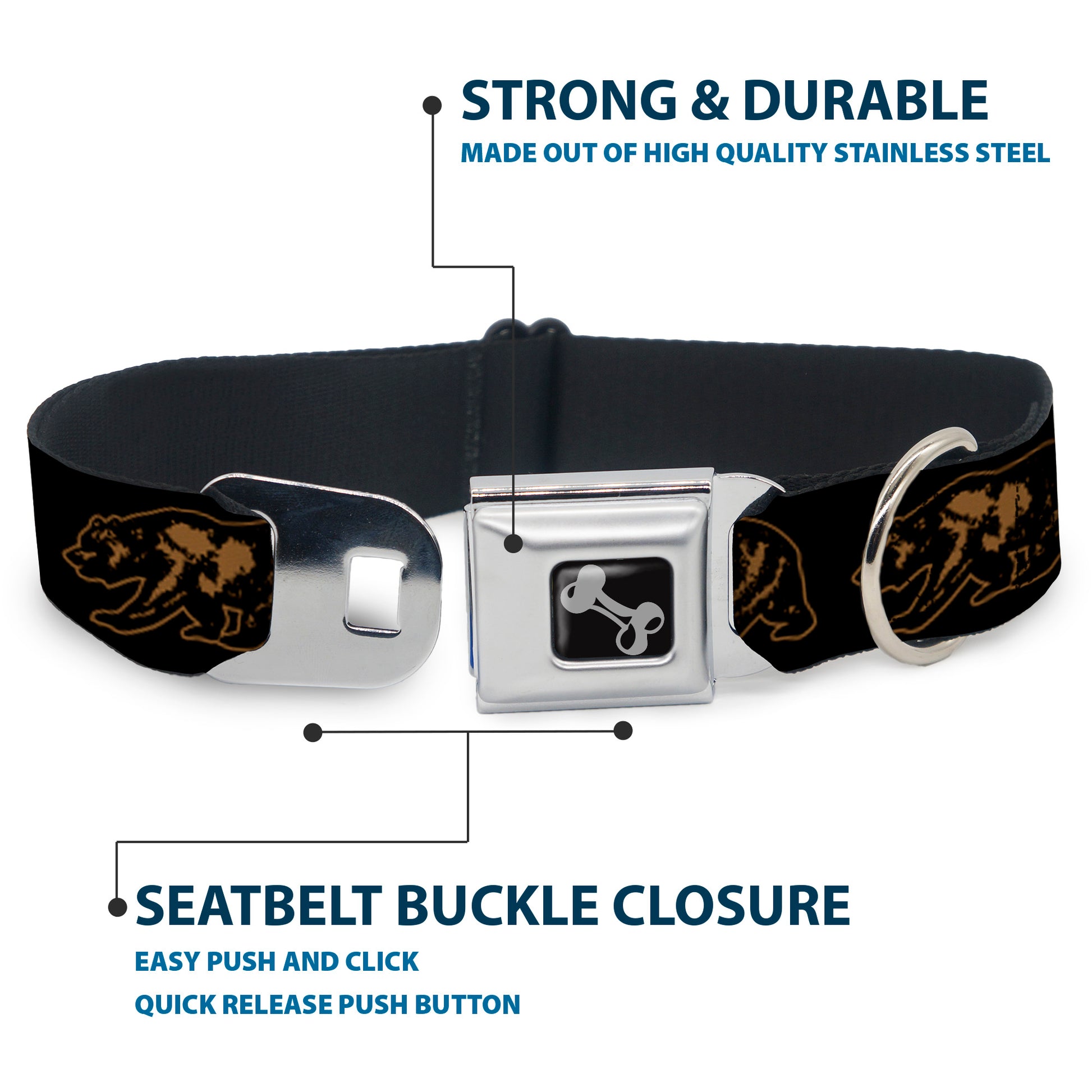 Dog Bone Seatbelt Buckle Collar - California Grizzly Bear Outline Black/Brown Seatbelt Buckle Collars Buckle-Down