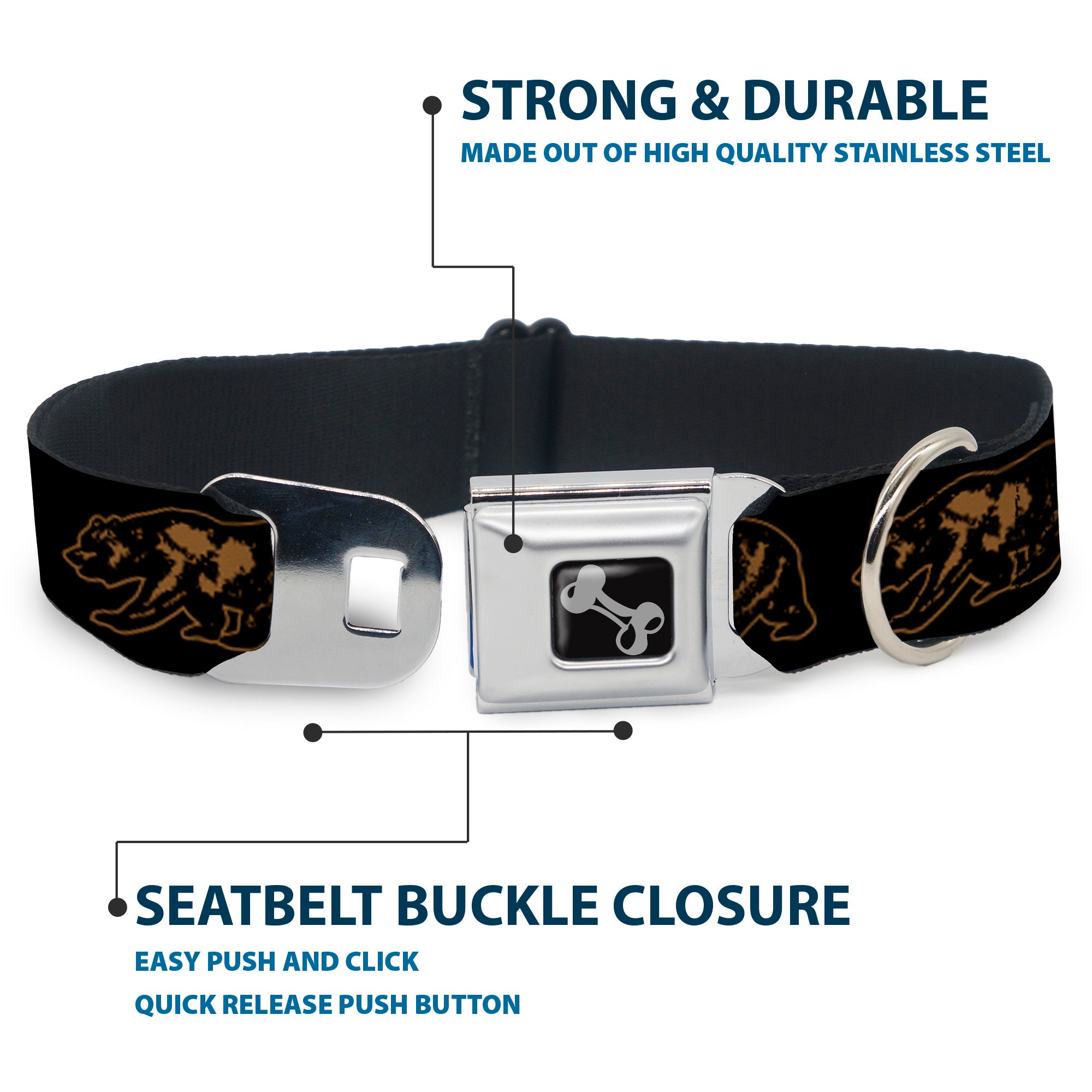 Dog Bone Seatbelt Buckle Collar - California Grizzly Bear Outline Black/Brown Seatbelt Buckle Collars Buckle-Down