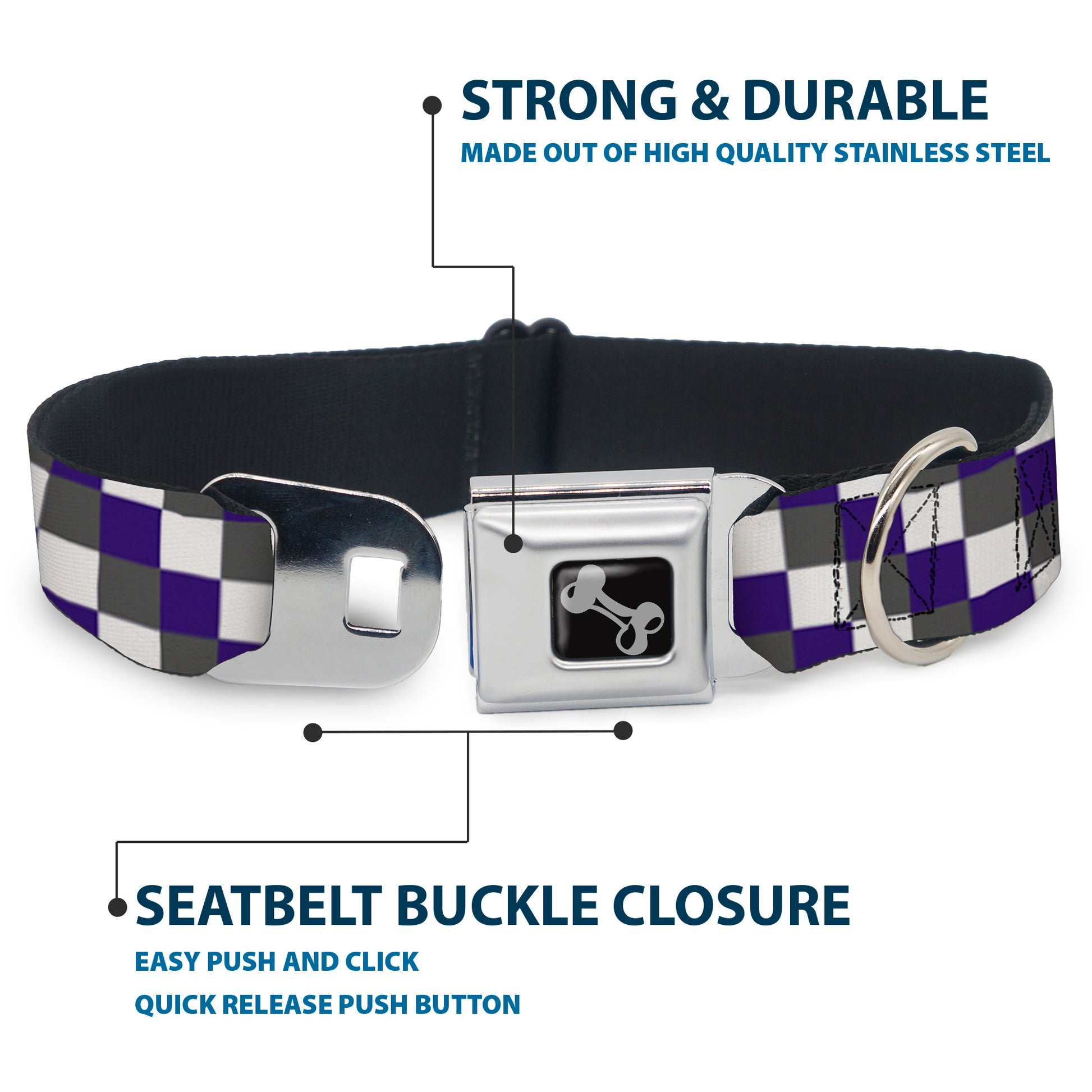 Dog Bone Seatbelt Buckle Collar - Checker Gray/Purple/White Seatbelt Buckle Collars Buckle-Down