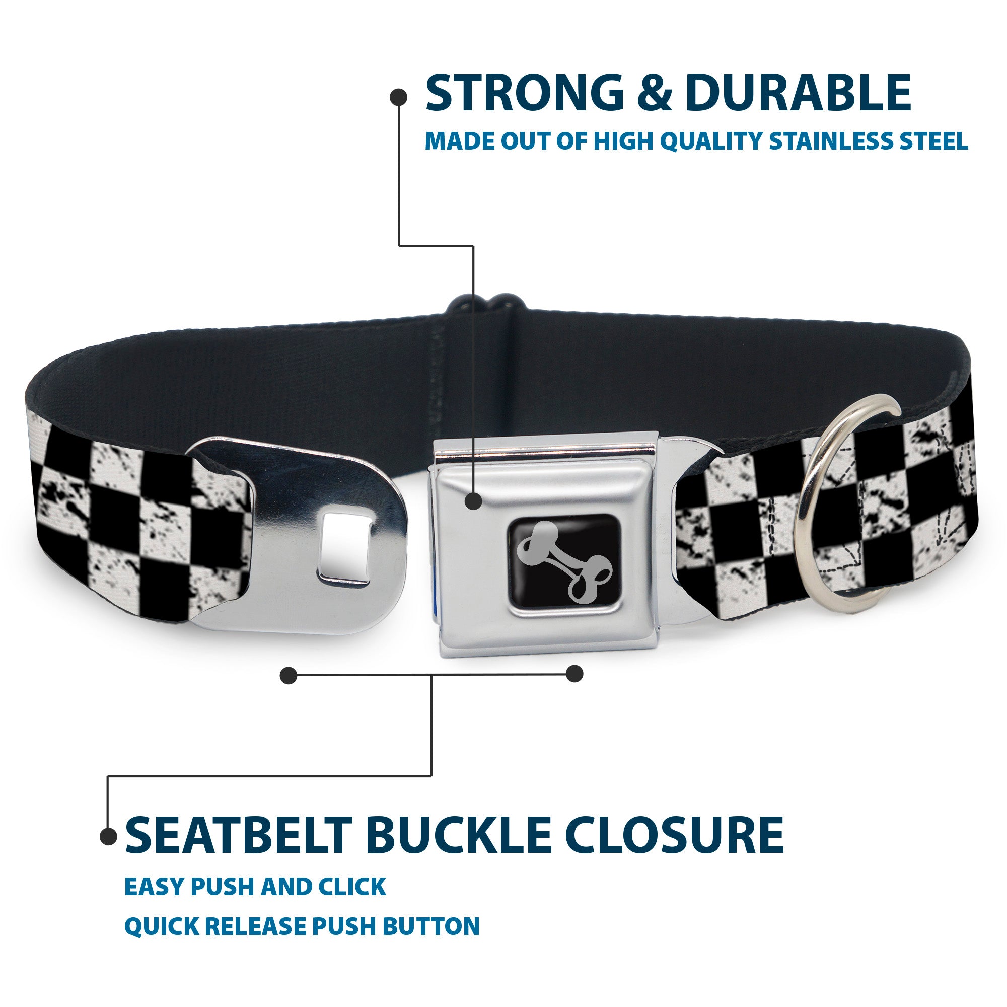 Dog Bone Seatbelt Buckle Collar - Checker Weathered2 Black/White Seatbelt Buckle Collars Buckle-Down