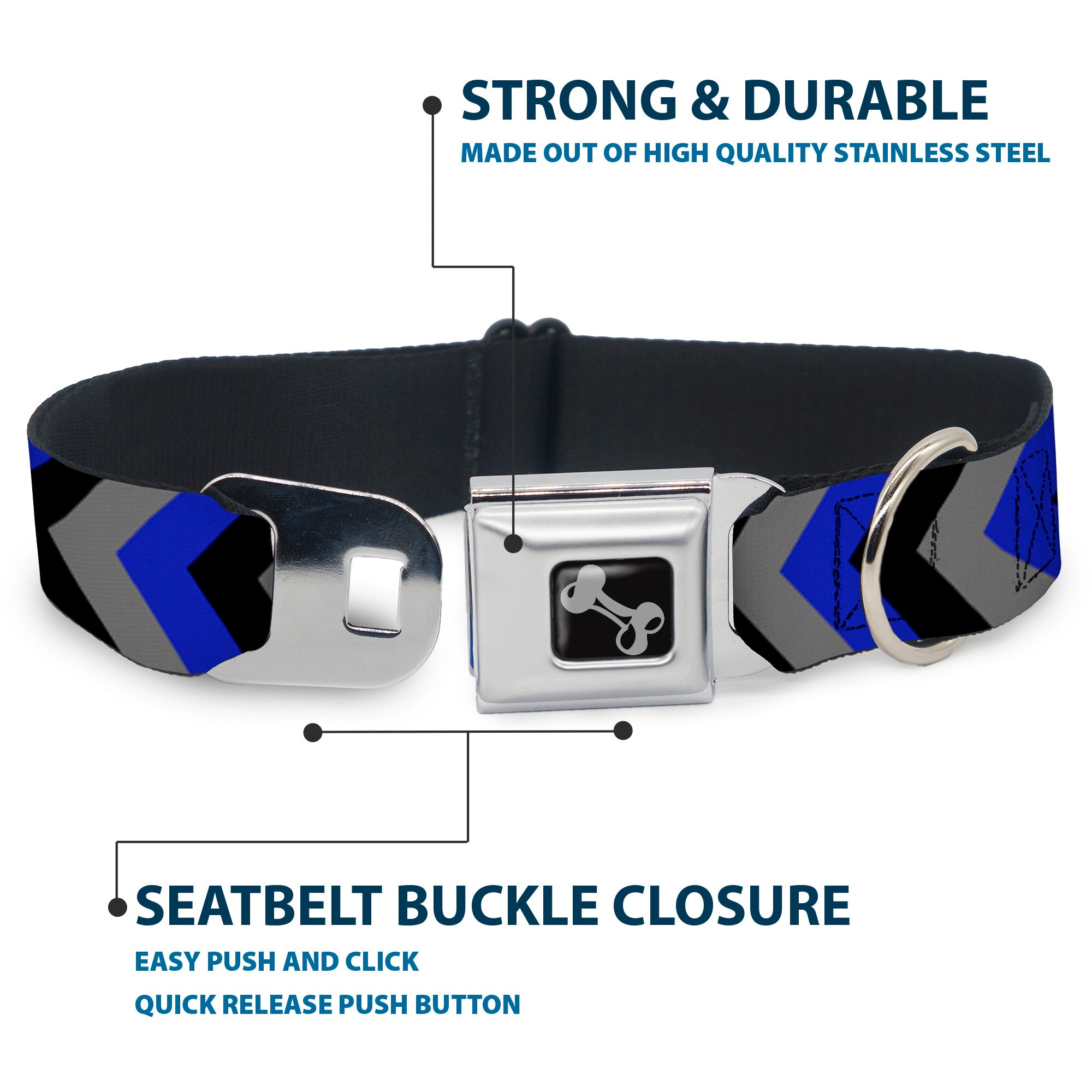 Dog Bone Seatbelt Buckle Collar - Chevron Blue/Black/Gray Seatbelt Buckle Collars Buckle-Down