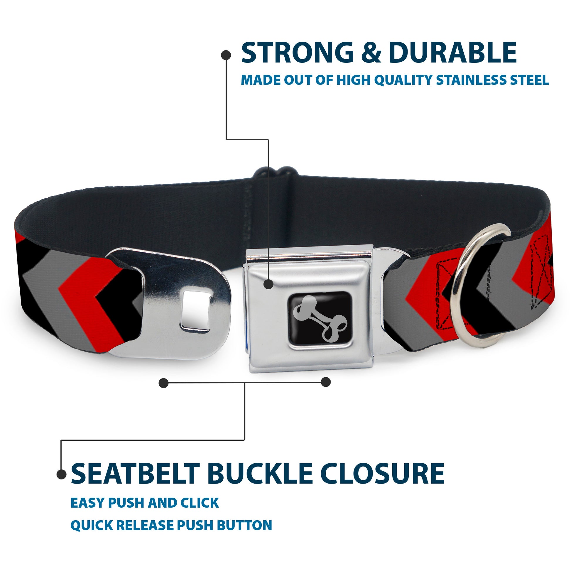 Dog Bone Seatbelt Buckle Collar - Chevron Red/Black/Gray Seatbelt Buckle Collars Buckle-Down