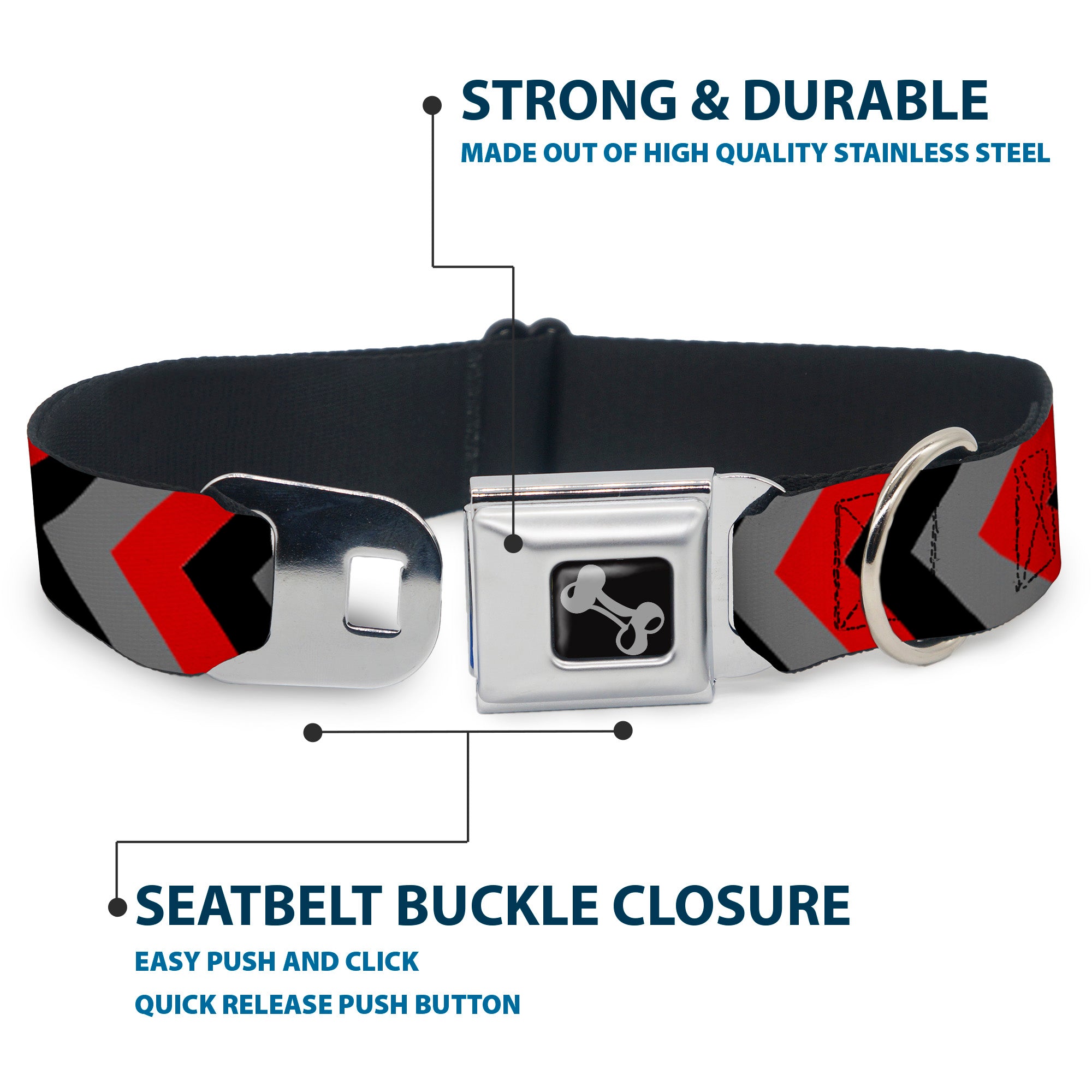 Dog Bone Seatbelt Buckle Collar - Chevron Red/Black/Gray Seatbelt Buckle Collars Buckle-Down