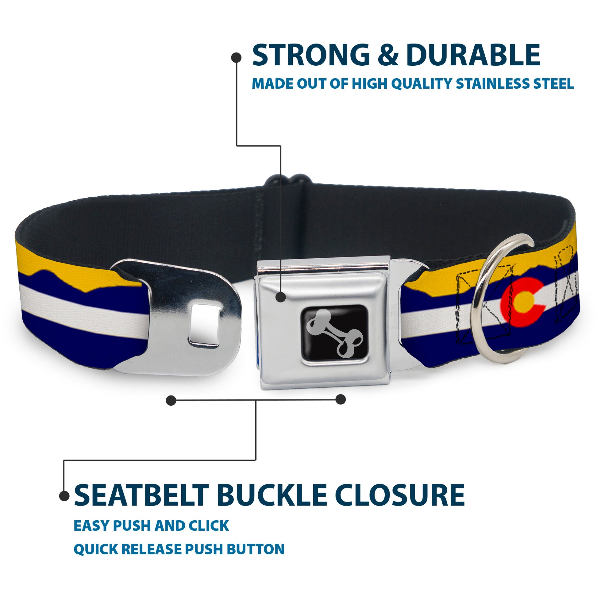 Dog Bone Seatbelt Buckle Collar - Colorado Flag/Mountain Silhouette Yellow Seatbelt Buckle Collars Buckle-Down