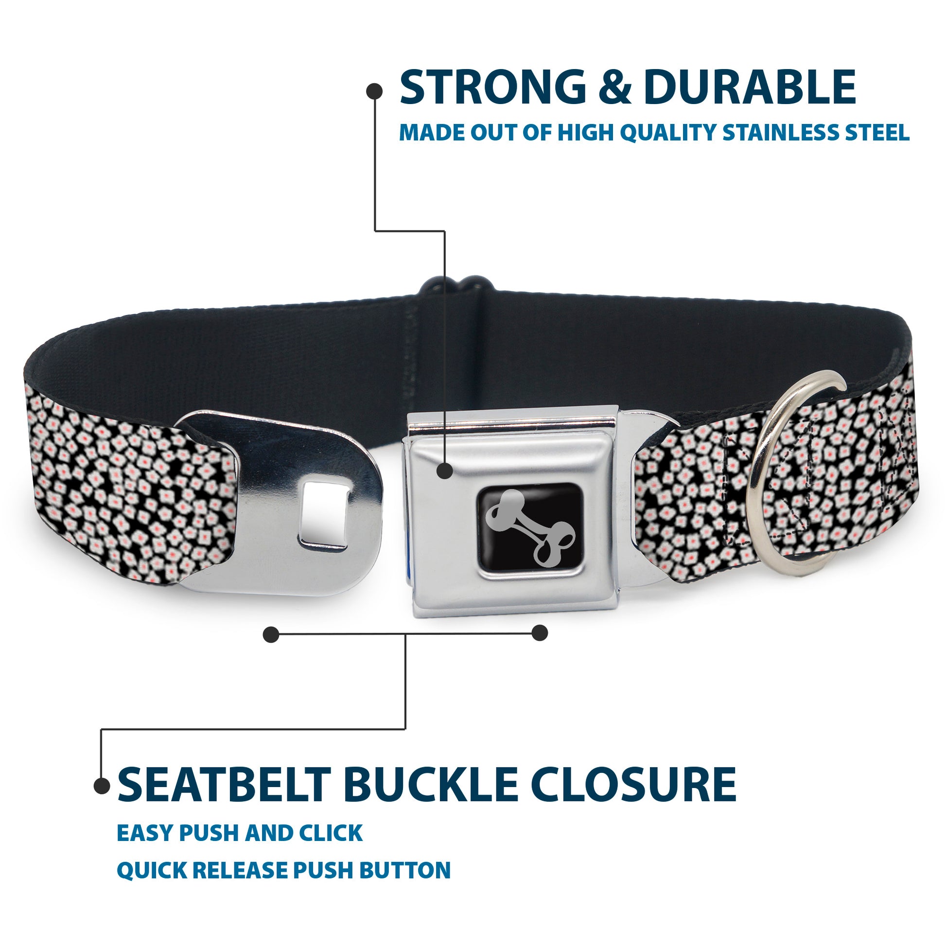 Dog Bone Seatbelt Buckle Collar - Ditsy Floral Black/White/Red Seatbelt Buckle Collars Buckle-Down