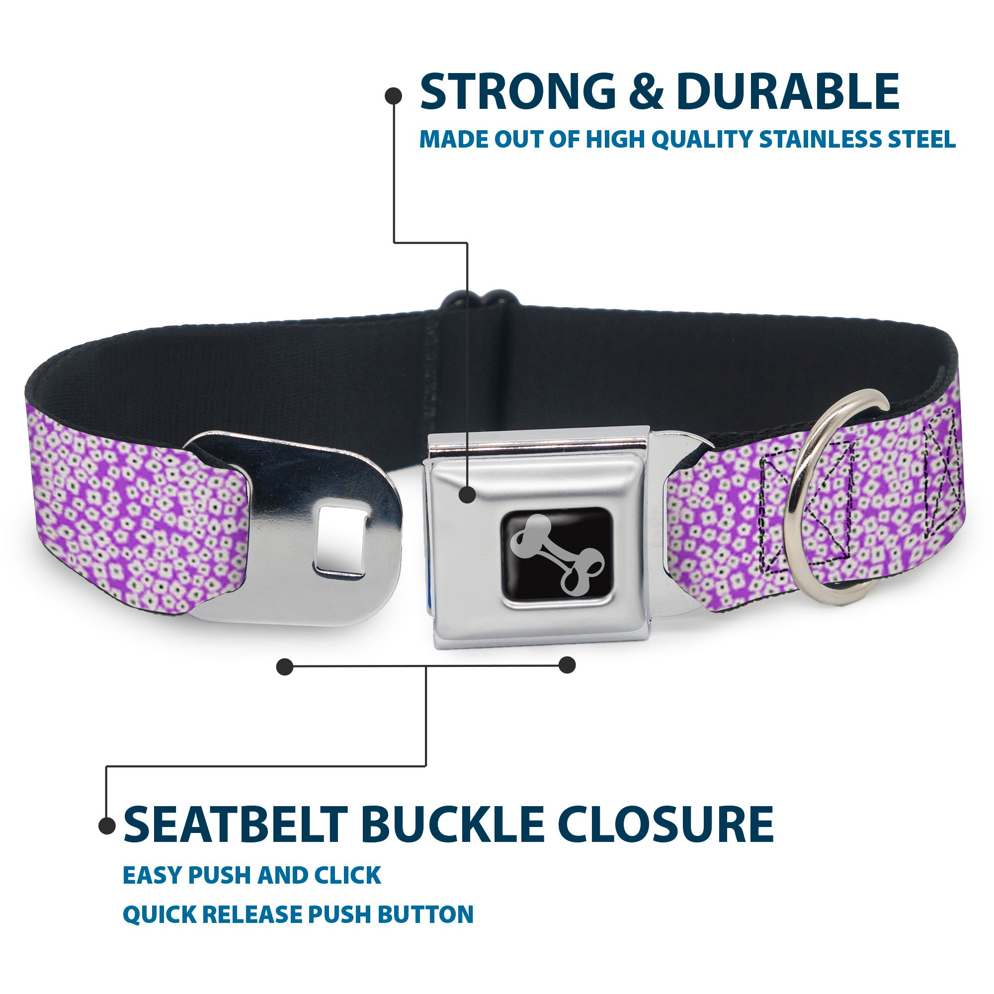 Dog Bone Seatbelt Buckle Collar - Ditsy Floral Lavender/White/Black Seatbelt Buckle Collars Buckle-Down