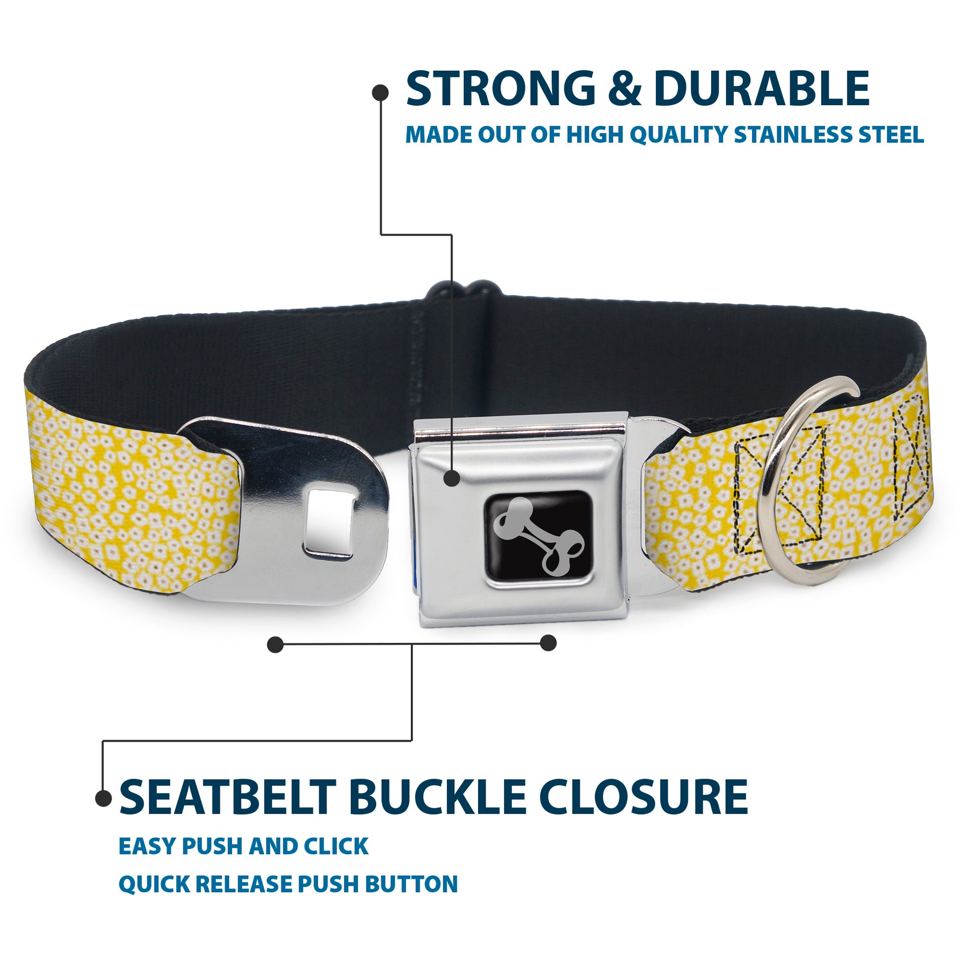 Dog Bone Seatbelt Buckle Collar - Ditsy Floral Yellow/White/Brown Seatbelt Buckle Collars Buckle-Down