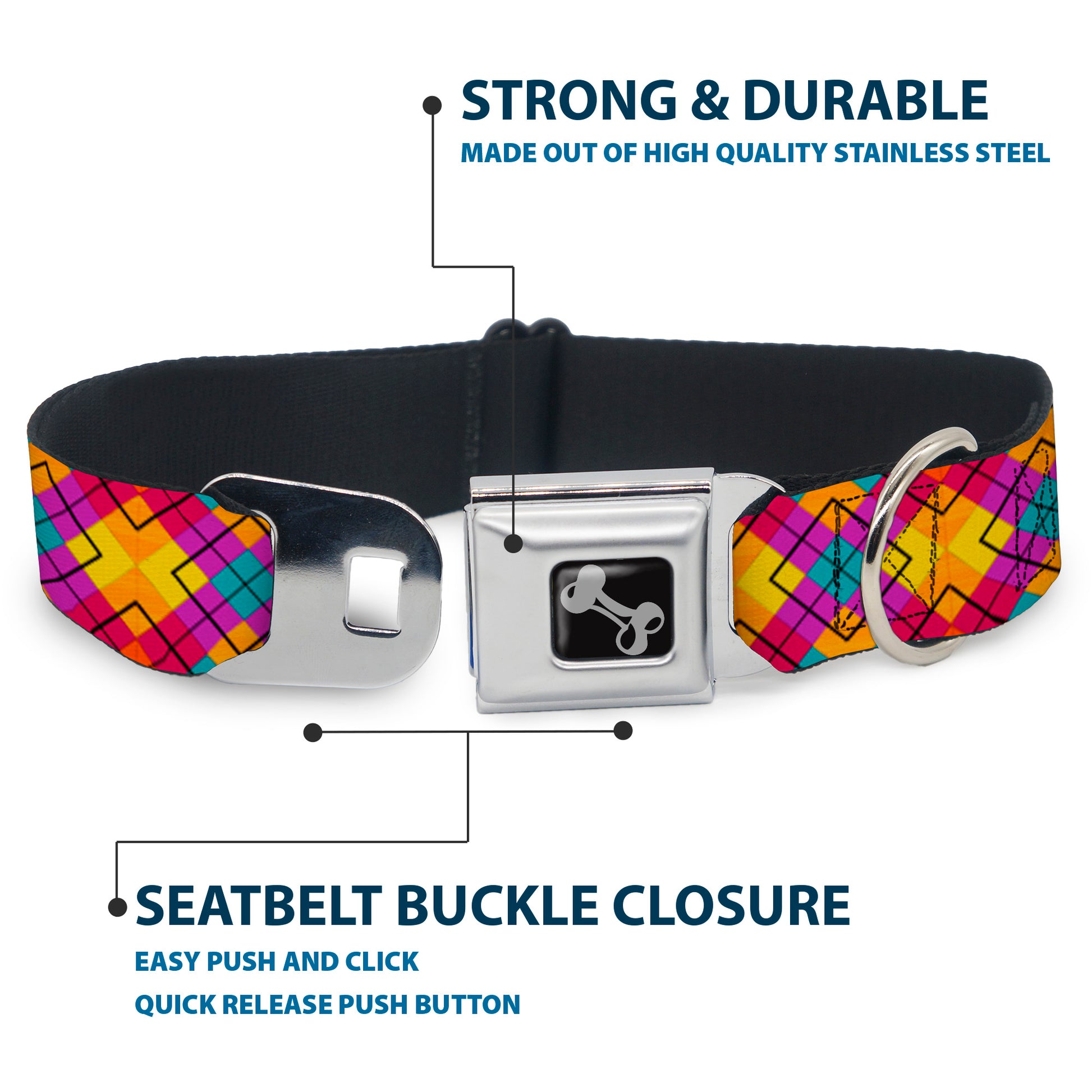 Dog Bone Seatbelt Buckle Collar - Diamond Plaid Orange/Yellow/Blue/Purple/Fuchsia Seatbelt Buckle Collars Buckle-Down