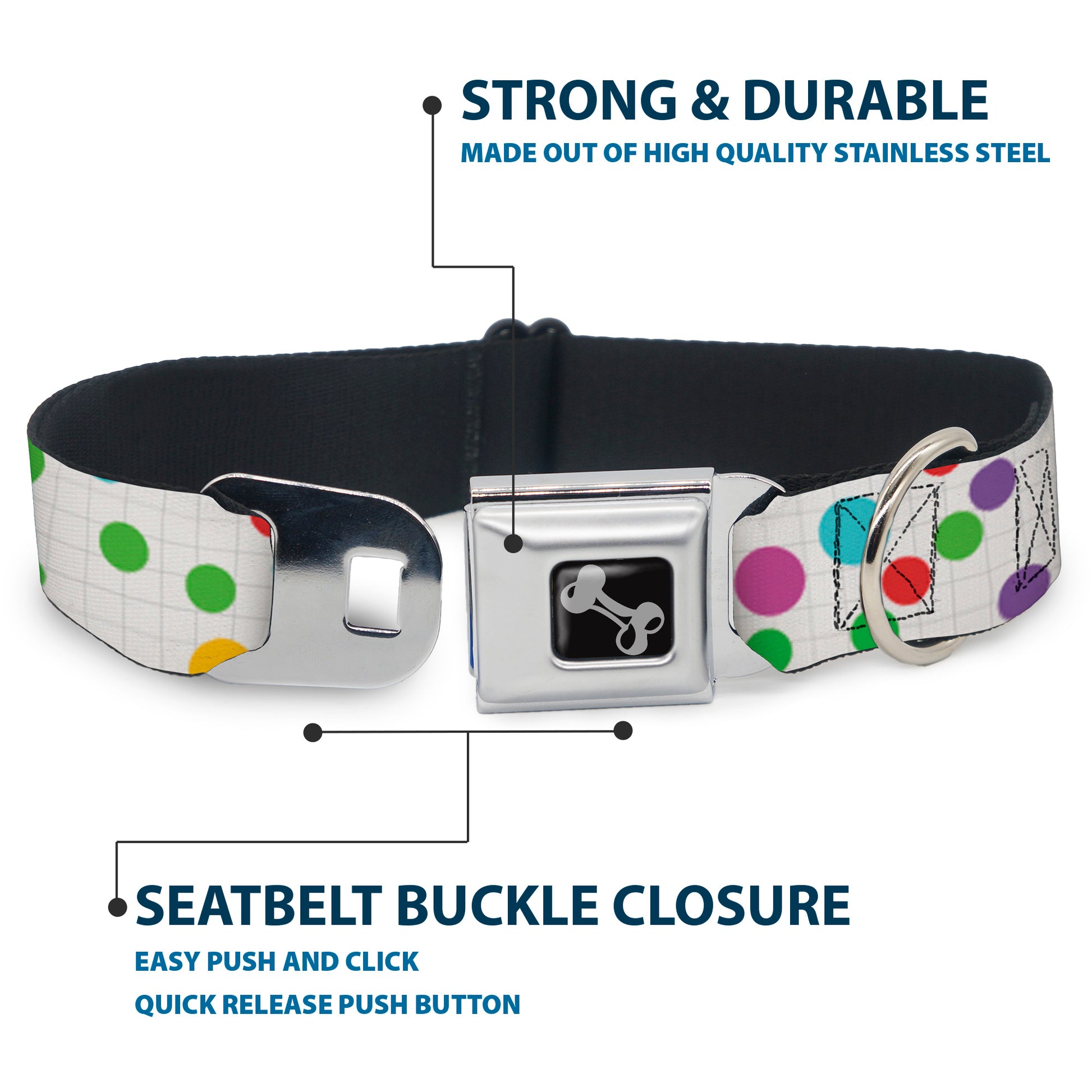 Dog Bone Black/Silver Seatbelt Buckle Collar - Dots/Grid White/Gray/Multi Color Seatbelt Buckle Collars Buckle-Down