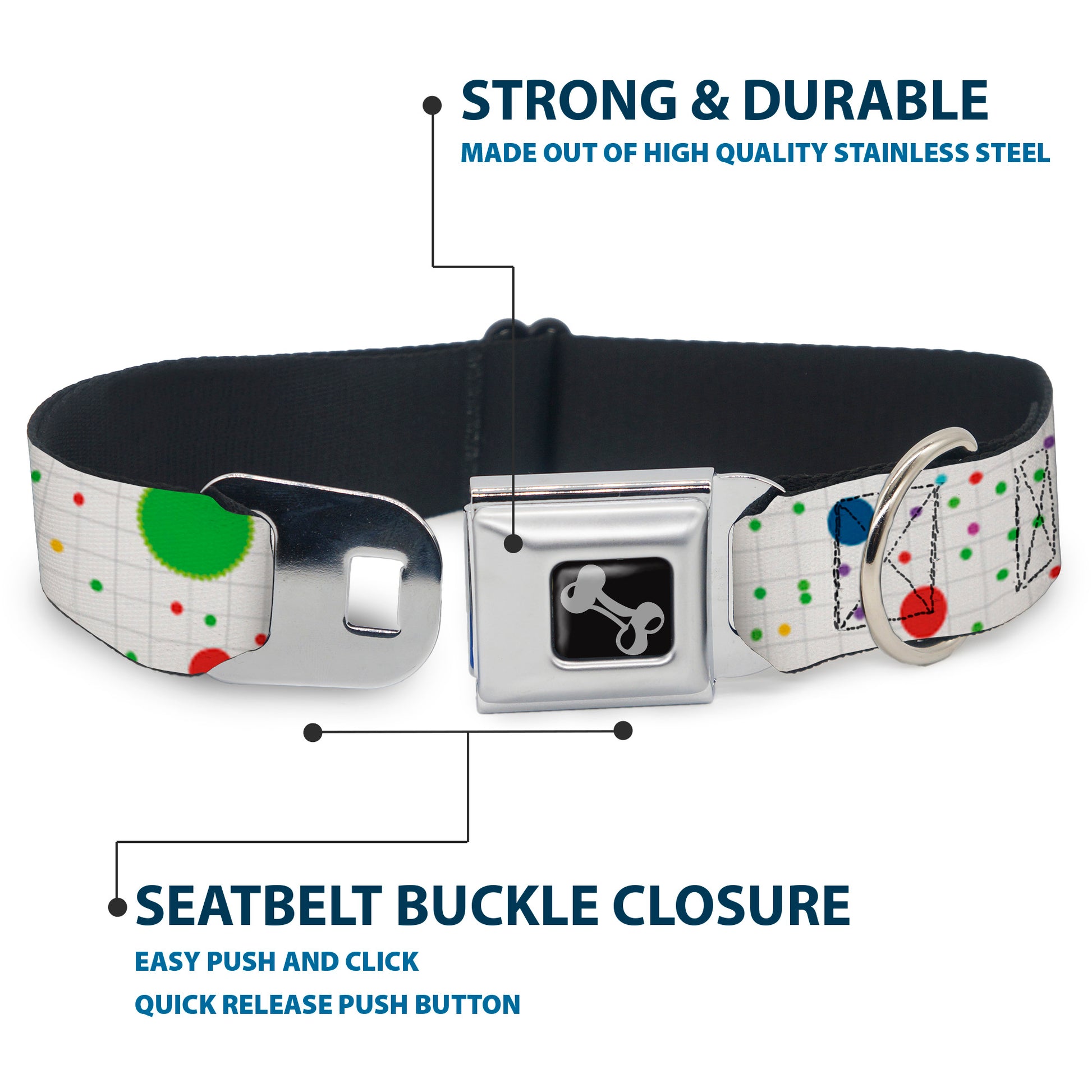 Dog Bone Seatbelt Buckle Collar - Dots/Grid2 White/Gray/Multi Color Seatbelt Buckle Collars Buckle-Down