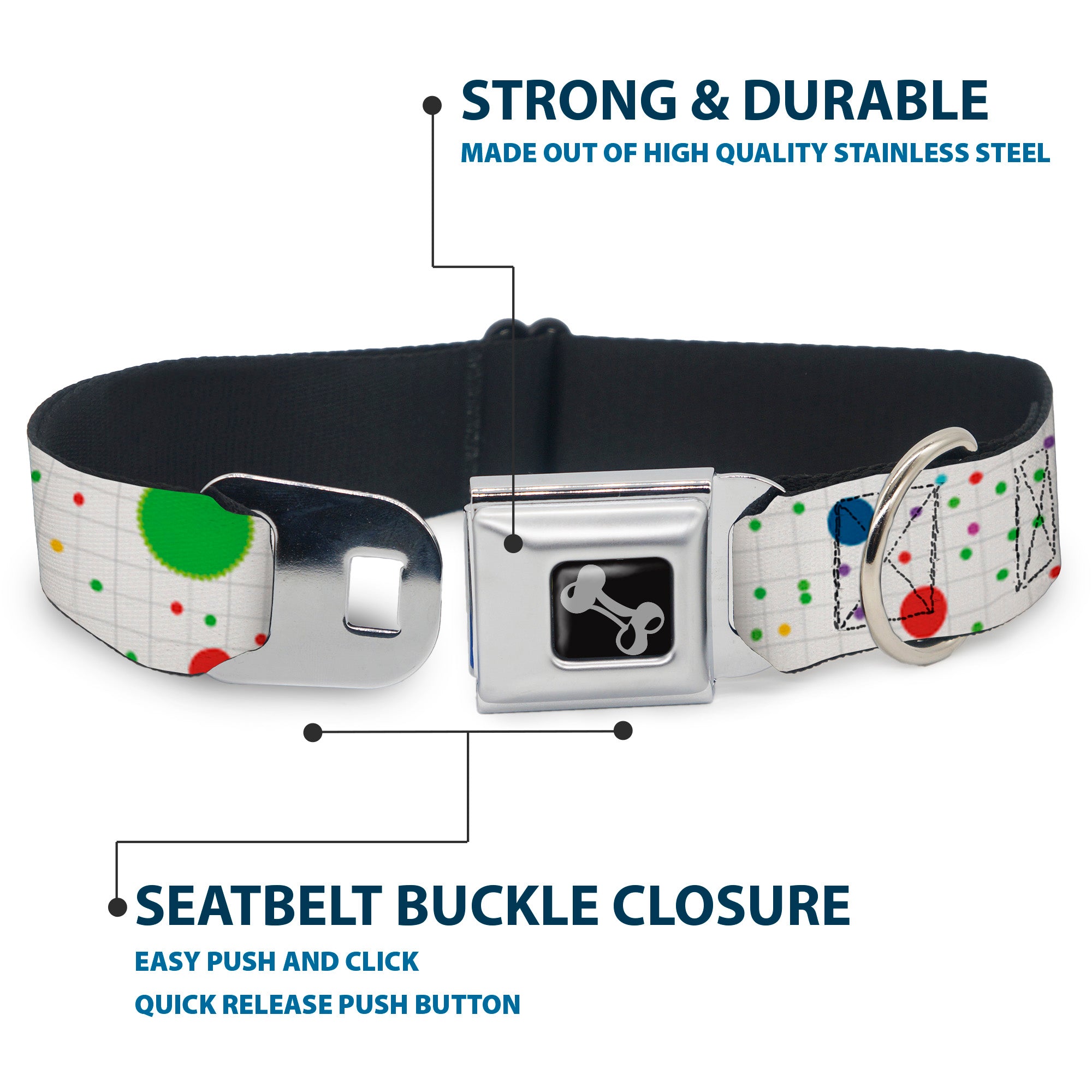 Dog Bone Seatbelt Buckle Collar - Dots/Grid2 White/Gray/Multi Color Seatbelt Buckle Collars Buckle-Down