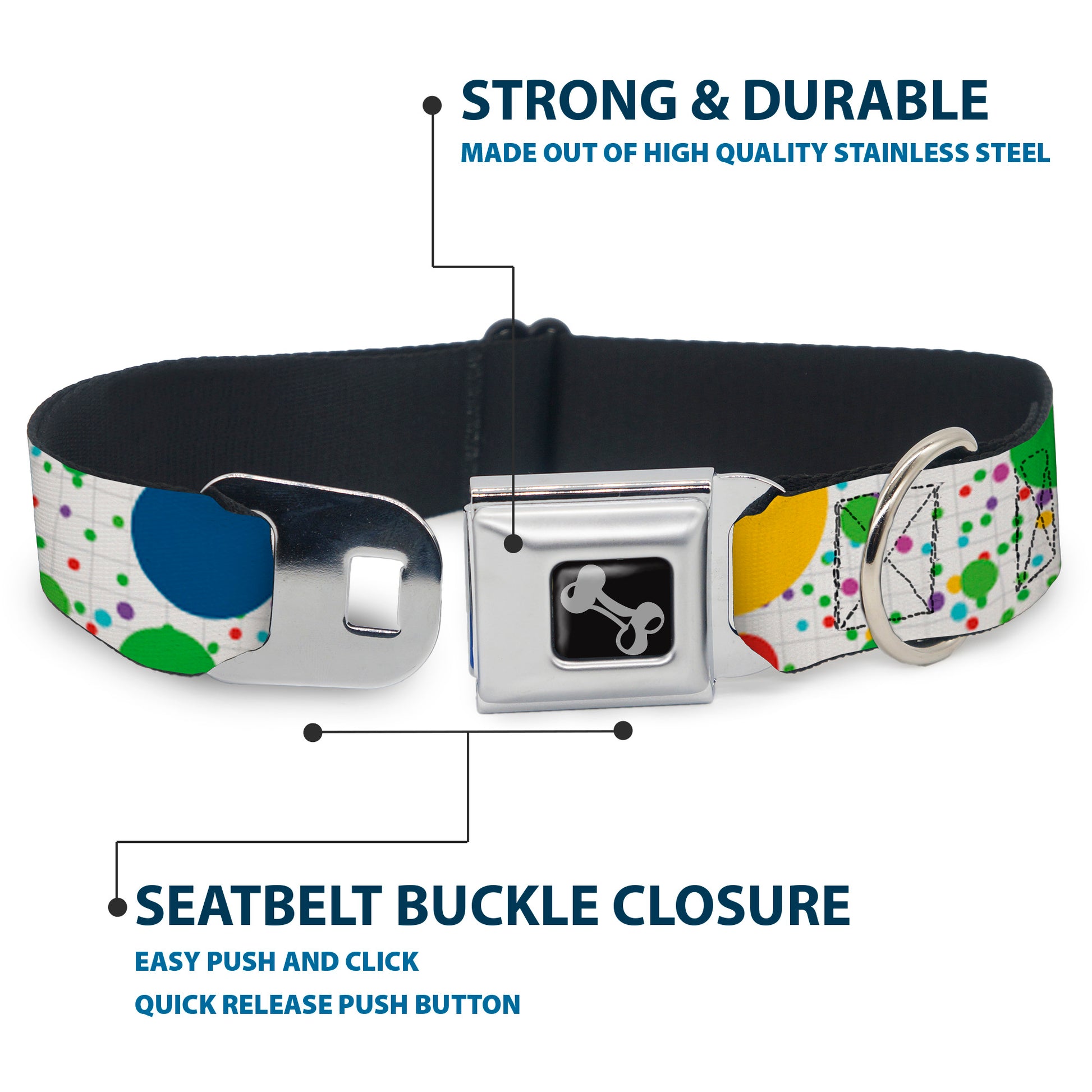 Dog Bone Seatbelt Buckle Collar - Dots/Grid3 White/Gray/Multi Color Seatbelt Buckle Collars Buckle-Down